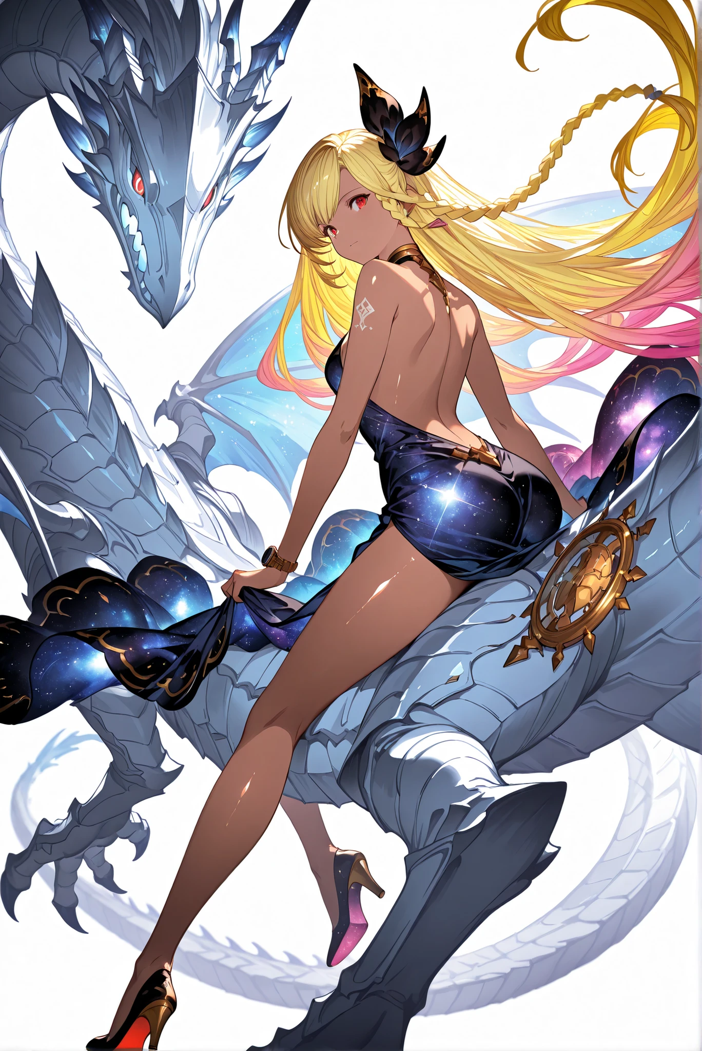 ( front view,riding on a blue-eyes white dragon,whole body,heels, white background:1.7),limited color palette,Colorful, vivid colors ,Flashing silhouette ,neon,black light ,watch, Masterpiece, Very Beautiful,, shiny skin, galaxy dress, backless dress, golden ornaments, arm tattoo, , Granblue_ fantasy, Helel_Ben_Shalem, dark skin, Blonde, long hair, braid, red eyes,riding on a blue-eyes white dragon