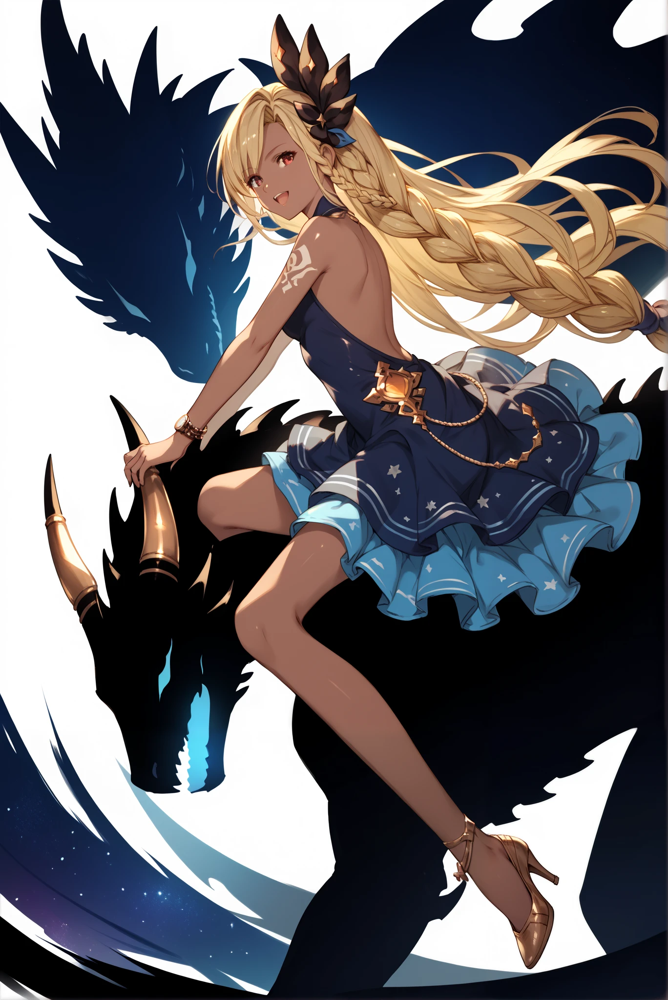 ( front view,riding on a blue-eyes white dragon,whole body, high heels, white background:1.7),limited color palette,Colorful, vivid colors ,Flashing silhouette ,neon,black light ,watch, Masterpiece, Very beautiful,, shiny skin, galaxy dress, backless dress, golden ornaments, arm tattoo, , Granblue_ fantasy, Helel_Ben_Shalem, dark skin, Blonde, long hair, braid, red eyes,riding on a blue-eyes white dragon