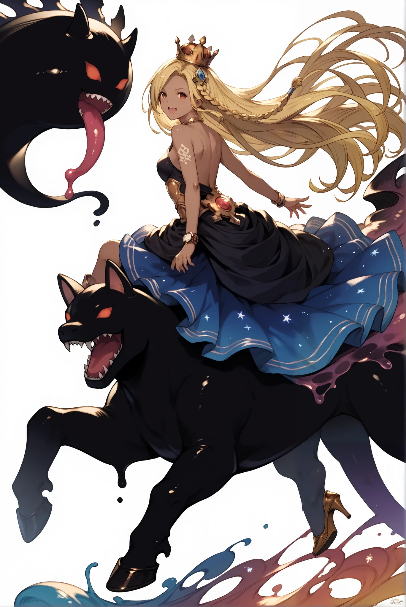 （riding on a Kuromaru，whole body， high heels， front view， white background:1.7)，limited color palette,Colorful, vivid colors ,Flashing silhouette ,neon,black light ,watch,  Masterpiece, Very beautiful,, shiny skin, galaxy dress, backless dress, golden ornaments, arm tattoo, , Granblue_ fantasy, Helel_Ben_Shalem, dark skin, Blonde, long hair, braid, red eyes,king slime,slime (dragon quest),crown (riding on a[Kuromaru,black skin monster,intangible monster,floating monster, ]),riding on a Kuromaru
