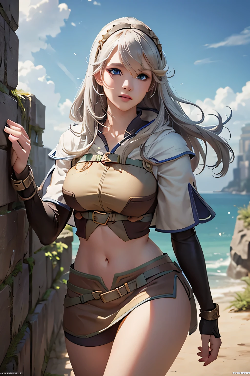 1girl, long silver hair, beautiful detailed eyes, beautiful detailed lips, medium breasts, looking at viewer, outdoor scenery, blue eyes, highly detailed, 8k, photorealistic, masterpiece, fantasy, concept art, corrin(fire emblem),ragnarokhunter