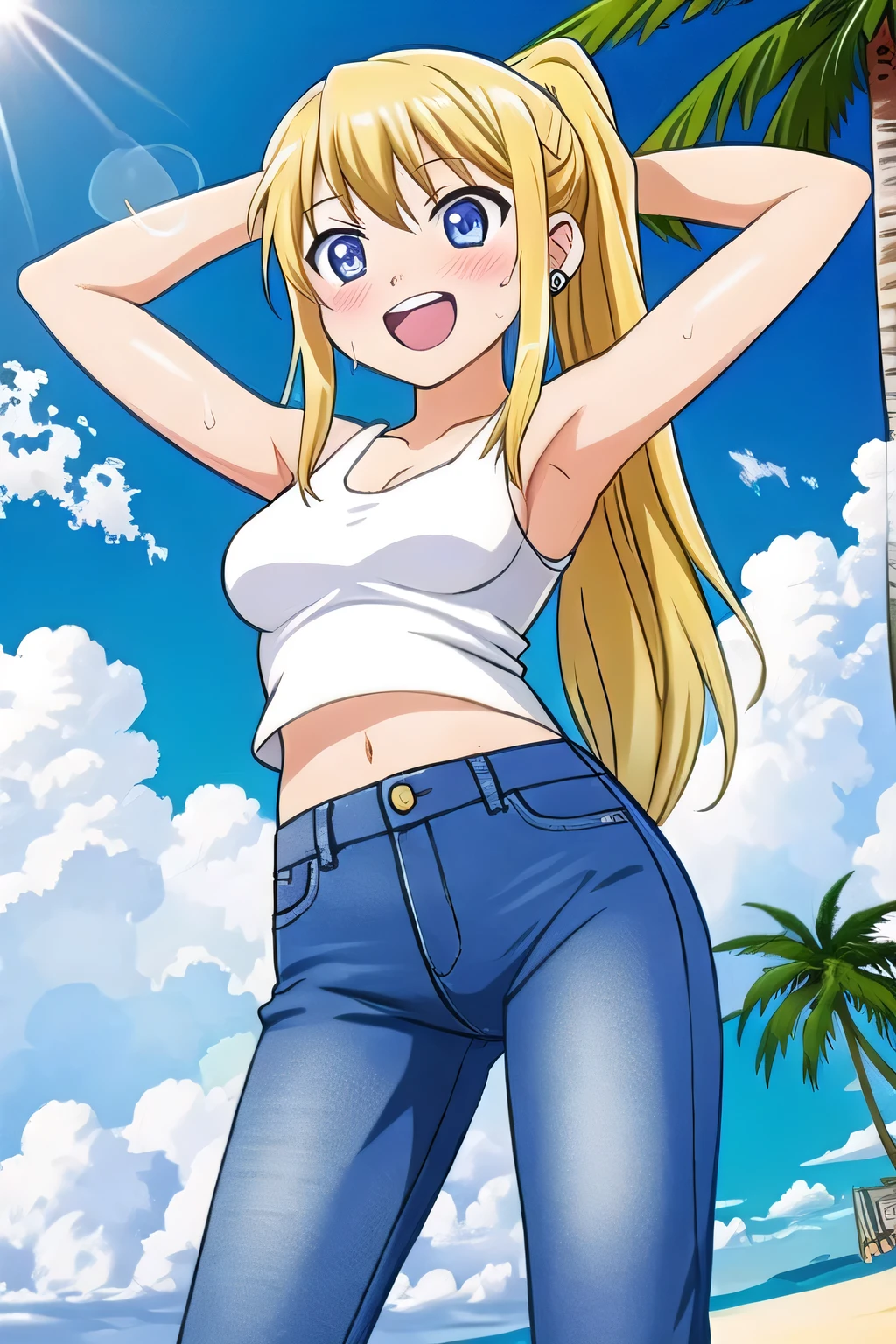 masterpiece,best quality,ultra detail, ((Perfect Face, Perfect Arms, Perfect hands, Perfect Fingers)), 1girl, , peti ((round face, ecstasy, orgasm face, drooping eyes, shame smiling, blush)), dropping eyes, sleepy, Open mouth, ((White teeth)), background((under the beach, (day:1.2), palm tree, bright sky)), winry rockbell, blue eyes, blonde hair, (long hair:1.4), ponytail, earrings, ((arms behind head, hands behind head, fingers behind head)), ((contrapposto)), spread armpits, looking at viewer,, (white tank top:1.2), (white crop top:1.2), (jeans pants:1.2, flares jeans:1.2, skinny jeans:1.2, blue jeans:1.2), standing, (legs spread:1.4), sex pose, Sweaty crotch, Steam from the crotch, from below, whole body