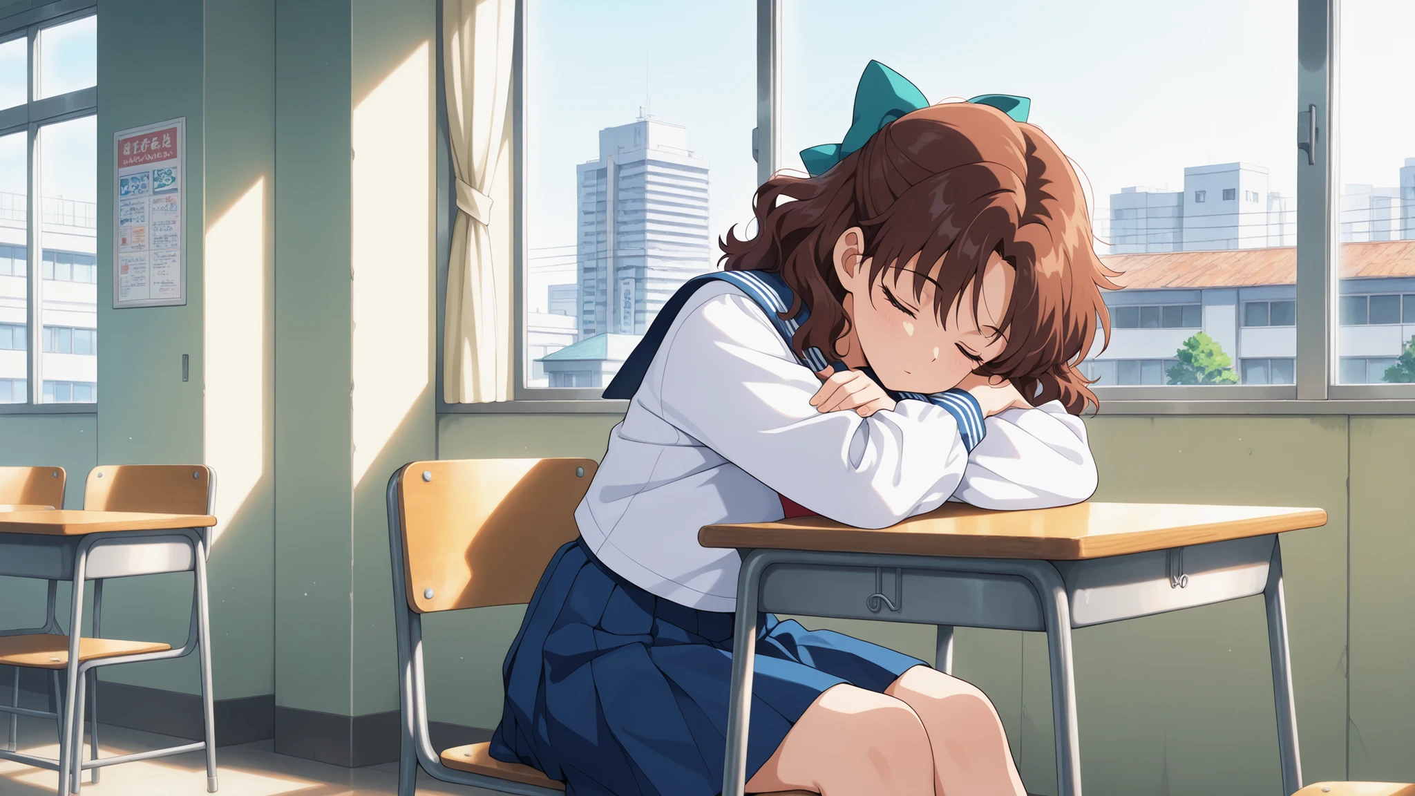 masterpiece,best quality,amazing quality, with other friend, friends,brown hair, medium hair, wavy hair, sit, closed eyes, teal hairbow,school uniform,bow,serafuku,sailor collar,blue skirt,blue sailor collar,skirt,pleated skirt, school room, table, window, chair, tokyo, detailed background, intricate details, day, anime style, (ultra sharp, beautiful detailed face, dynamic shadows, Super Detailed, extremely detailed face) sleeping