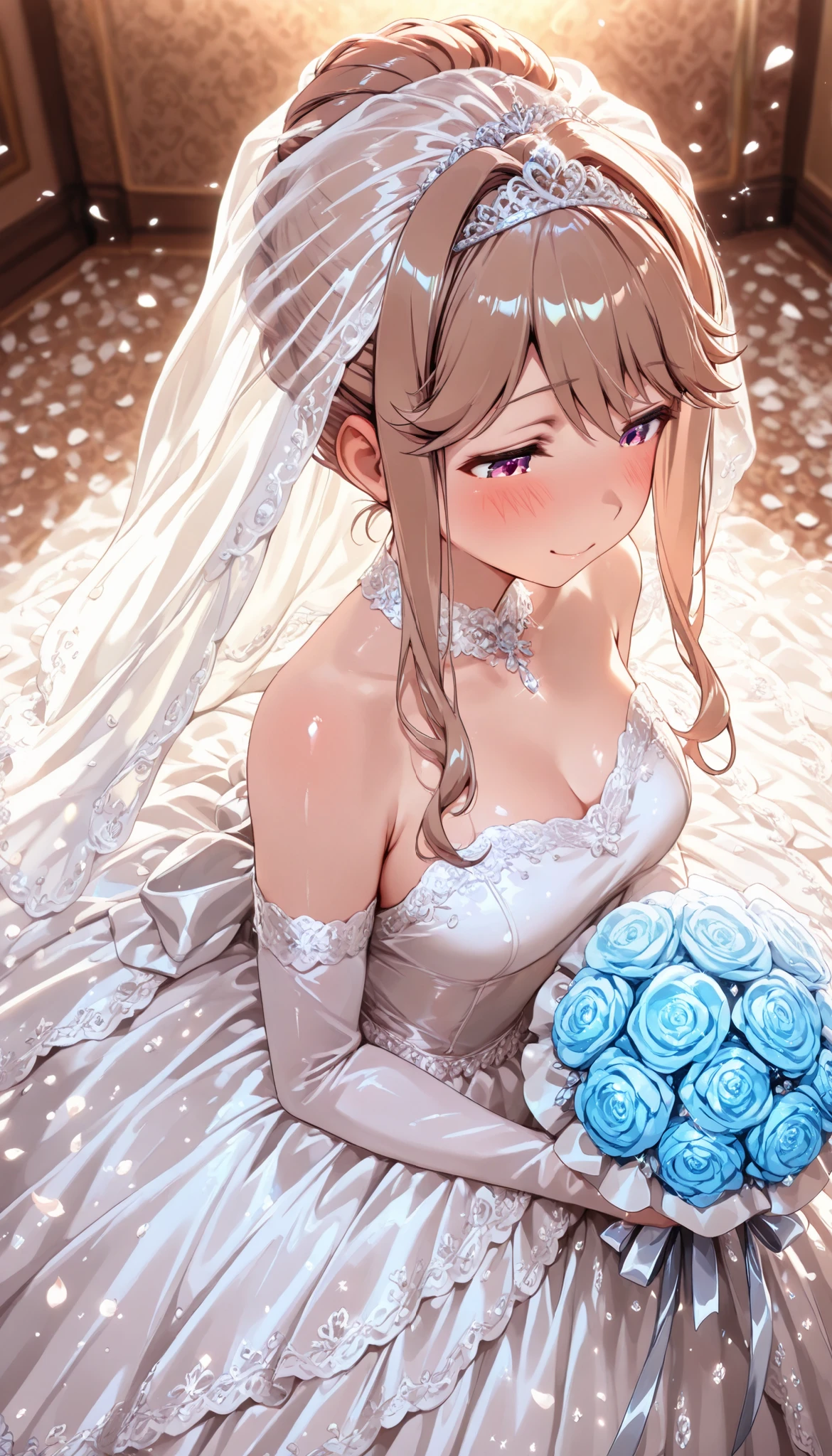 (High resolution, accurate, Best Quality, Anatomically correct, masterpiece, 8k, 16k, Wallpaper), Soft lines, Pale Tones, tenkubashi tomoka, smile, (hold light blue Bouquet), side shot, from above, ((looking down and shyly lowering her eyes)), embarrassed, tiara, White wedding dress, wedding Veil, shiny glossy glittering clothes, Lots of petals, ((soft focus, soft lighting)), glitter effect, dof,