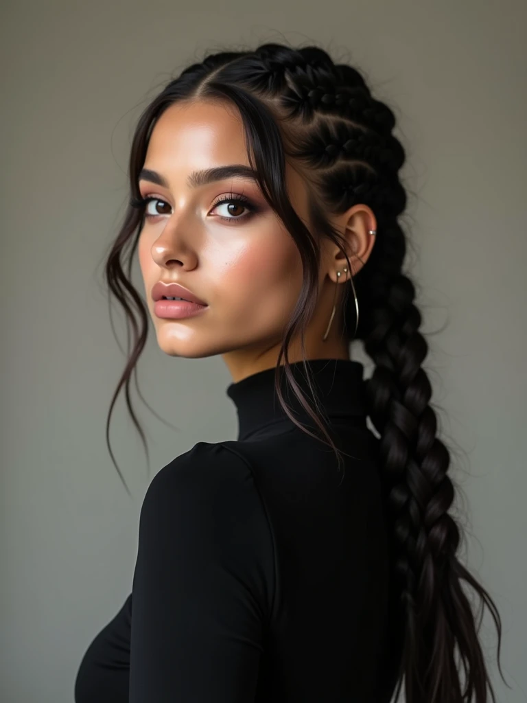 upper body <lora:ErinOlash_v1-000026:1> ErinOlash, focus on smiling face, wearing a tight sweater , her hair is styled as cornrowed ponytail,