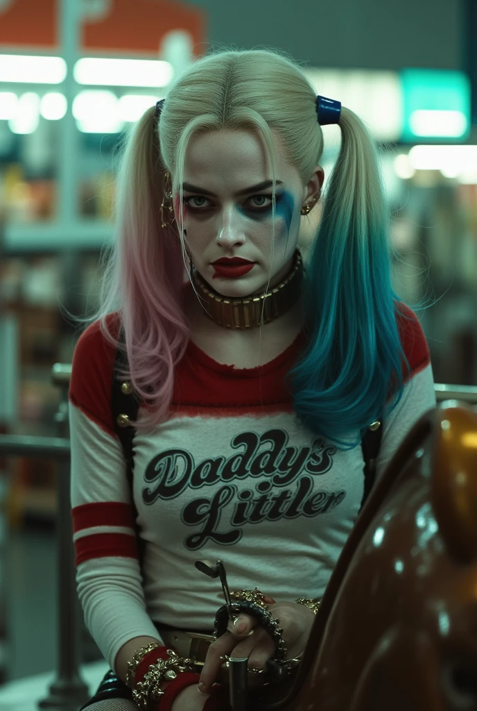 (8k, Foto RAW, La mejor calidad, Obra maestra:1.2), Ultra detallado, Arte Oficial, Toma de cuerpo completo, fotorrealista:1.37, little guy, nipple visible through the shirt, DC Harley Quinn, Film grain, dynamic pose, pecho grande, disparo enfocado en su pecho