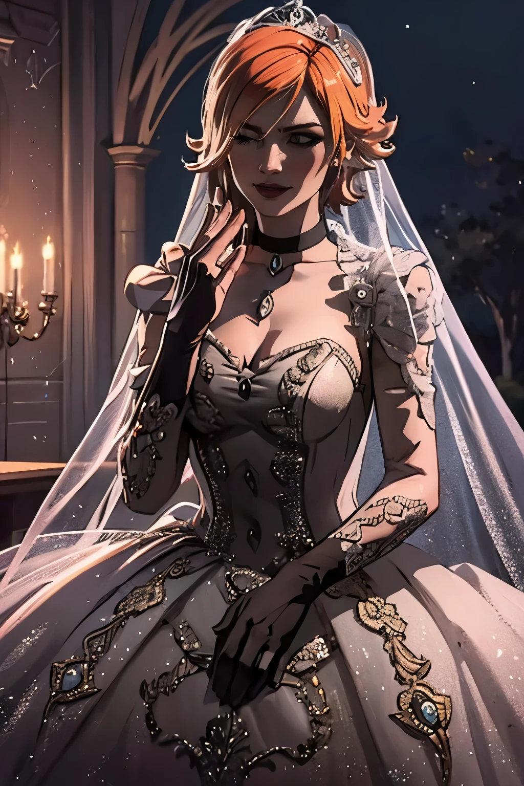 Lilith Borderlands, hair between eyes, ahoge, blonde hair, star \(symbol\), hair ornament, ruffled tulle dress, cleavage, bare shoulders, collarbone, long black elbow gloves, black gloves, black dress, black choker, strapless, tiara, veil, strapless dress, princess dress, veil, beautiful woman, perfect body, perfect breasts, wearing a princess dress, ball gown, in the park trees, wedding decorations, a warm smile, realism, masterpiece, textured skin, super detail, high detail, high quality, best quality, 1080p, 16k