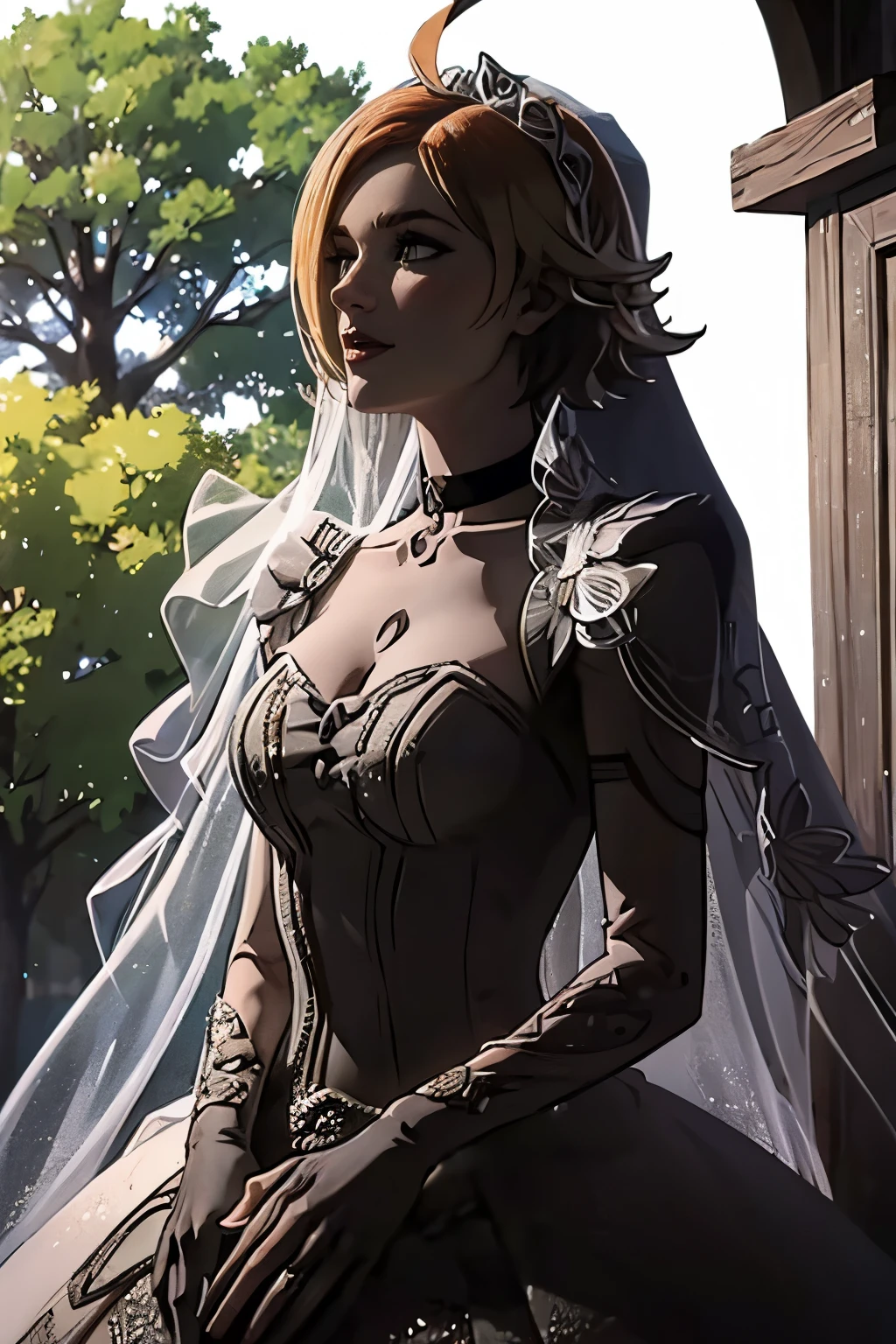 Lilith Borderlands, hair between eyes, ahoge, blonde hair, star \(symbol\), hair ornament, ruffled tulle dress, cleavage, bare shoulders, collarbone, long black elbow gloves, black gloves, black dress, black choker, strapless, tiara, veil, strapless dress, princess dress, veil, beautiful woman, perfect body, perfect breasts, wearing a princess dress, ball gown, in the park trees, wedding decorations, a warm smile, realism, masterpiece, textured skin, super detail, high detail, high quality, best quality, 1080p, 16k