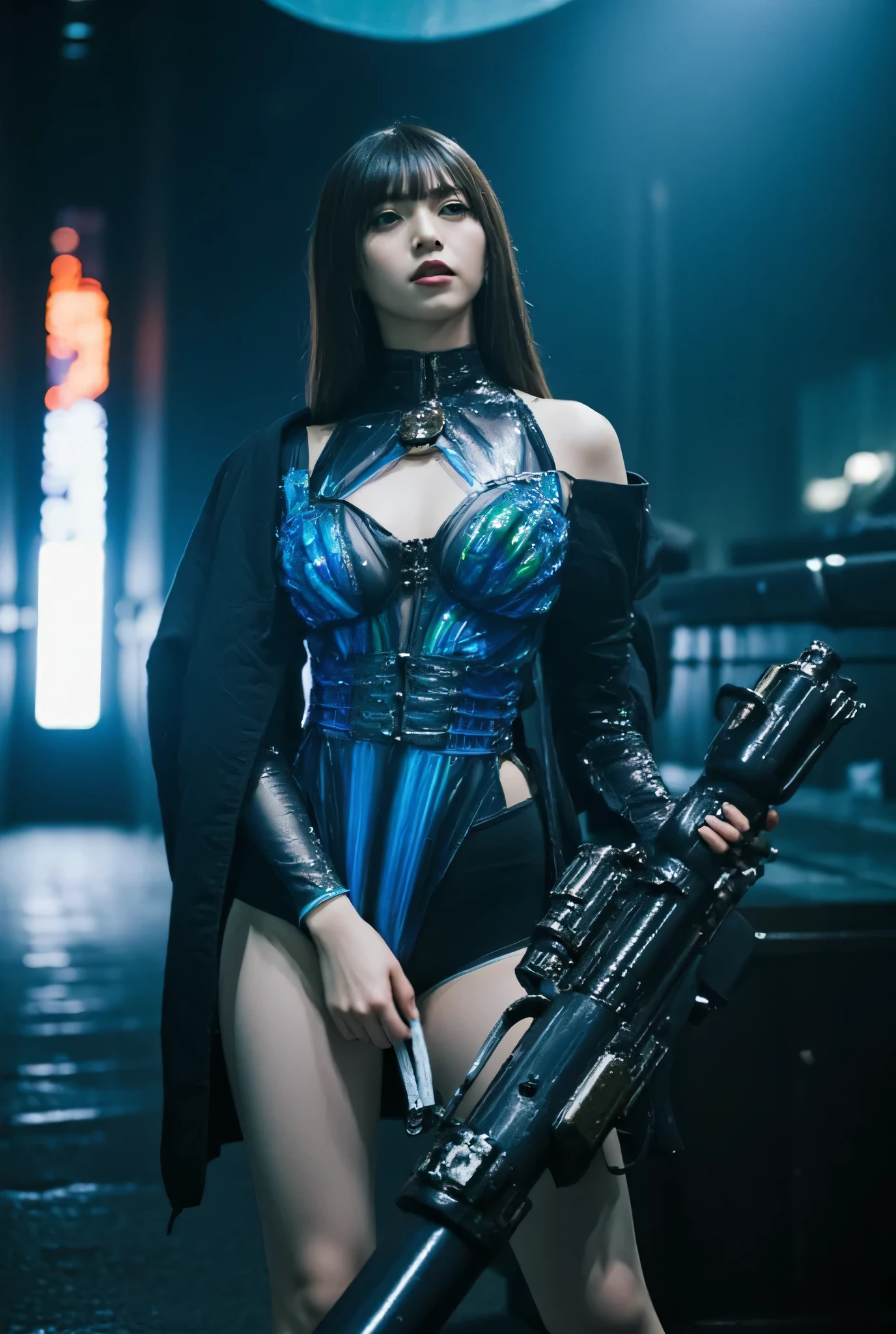 (((The dark interior of the Nostromo ship :2.0))),((( HR Gigger Style Cyberpunk Atmosphere :2.0))),(((Hold a cyberpunk-style Japanese sword:2.0))), standing,((whole body:2.0)), one woman,( cute face),(Beautiful well-balanced face ),(( natural big breasted :2.0)),( black hair:1.5),( beautiful eyes:1.3), glamorous shot of a 20 year old Japanese woman , Slender Beautiful Body ,(( model body type:2.0)),(( slim body with hot water:1.7)), perfect body line , ideal proportions ,(( big breasts:2.0)),((F cup breasts:1.5)),Big Breasts,Bare thighs, sensual thighs, delicate body,( Muscular:1.7),A harmonious posture,((Realistic breast depiction :1.7)), carefully depict limbs based on perfect anatomy,((blue glowing transparent glass leotard in the style of a futuristic samurai armor:1.5)),Filled with multicolored LEDs,((super high-leg leotard made of camy-like transparent glass that fits the body:1.5)),(( leotard holding a cyberpunk-style laser rifle:2.0)),((translucent blue military coat with steel armour on the armor:2.0)),(Steel armour on the shoulders :1.5),((Coat with iron decoration :2.0)),(ear monitor:1.5),((Tactical Holster:1.5)),( gloves:1.3), concept art ,(top quality:1.5),( Masterpiece:1.5),(超高resolution),resolution,UHD,( delicate depiction), carefully drawn with butterfly wings ,32K,((realistic skin texture:1.5)),((( Super realistic :1.5))), eyelashes,very detailed face,Highly detailed female hand,Sexy appearance,Very sensual,(Blurry Dim Backgrounds :1.5), professional photography,( Movie Lighting:2.0),(( Blade Runner Style Lights :2.0))