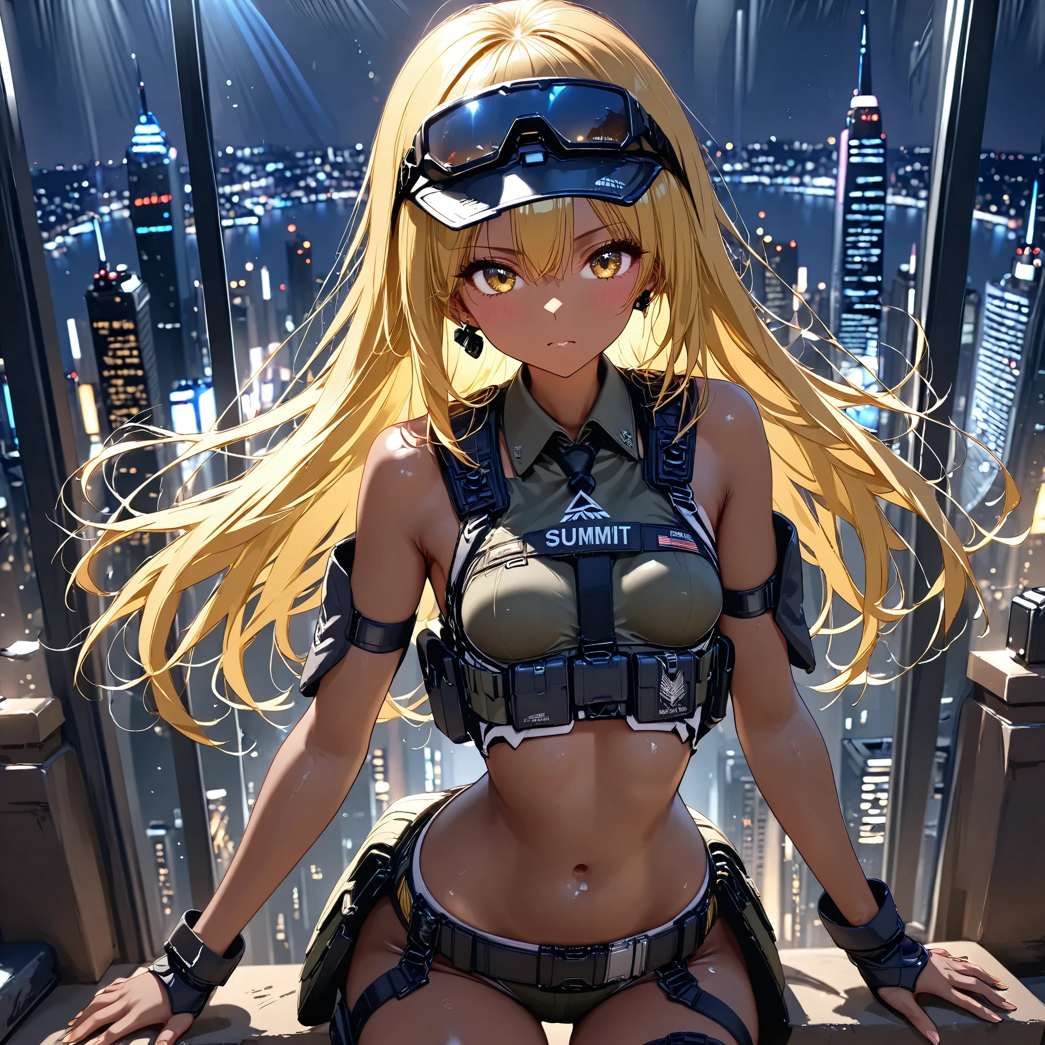 1 girl is having a shootout, sniper ライフル、 sniper 、 Special Forces 、 Brown skin , small breasts, yellow hair , top quality, textured skin, Read more 、 movie light effect , Summit、 Big City Night View