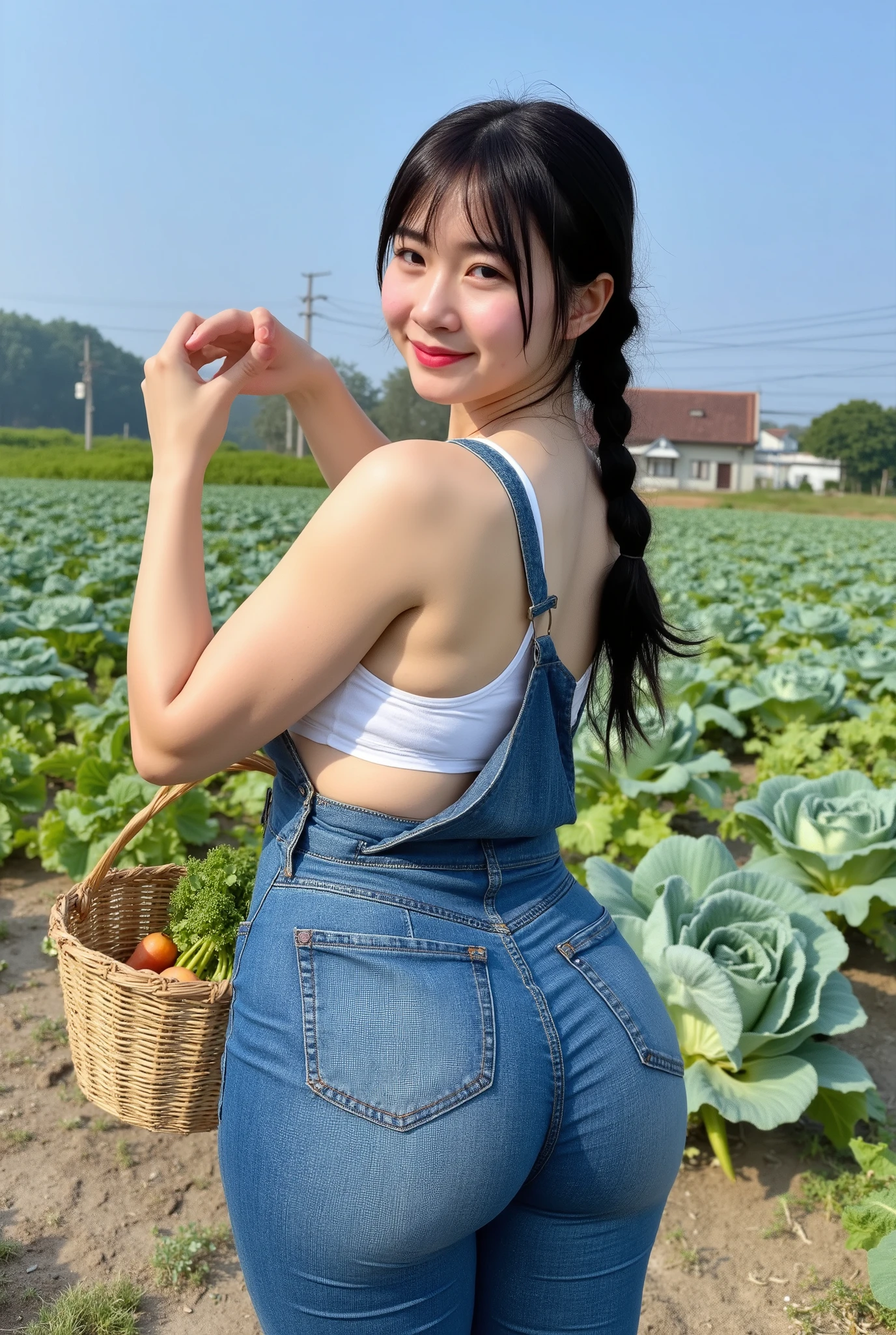 A happy, smiling 20 year old Japanese woman in denim overalls is holding a basket of freshly picked vegetables in one hand, pushing her hair back with the other arm to show sweaty armpits, and wearing an open neckline to show cleavage, standing in the middle of a vegetable field under a clear blue sky. The sweaty, cute, double eyelid, wide eyed woman is wearing an open neckline white tank top under her overalls, has thick lips, black hair, dark eyes, flabby stomach, saggy breasts, thick legs, thick arms, (((big breasts, severe obesity, extremely overweight, chubby woman, round face, double chin))) and a vast vegetable field full of carrots and cabbages, an old farmhouse with a Japanese style thatched roof in the distance, her loose, messy braided hair looking out at the viewer.