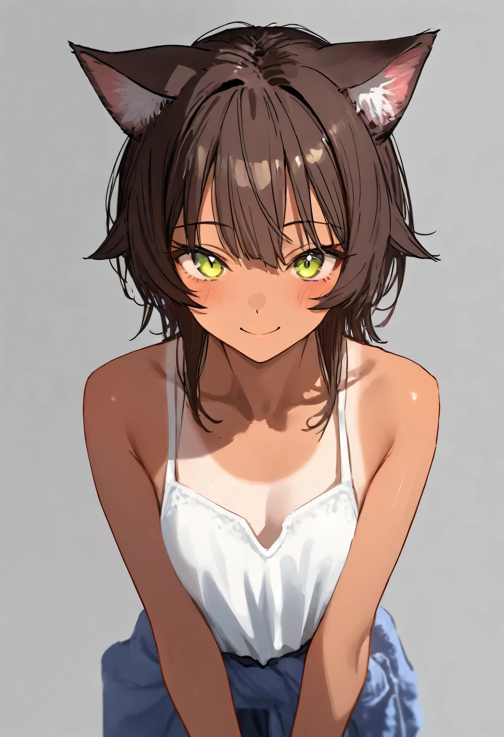 aruhshura, masterpiece, best quality, very awa, year 2024, newest, highres, absurdres, tanned skin, short, smile, with cat ears, brown hair, looking at viewer
