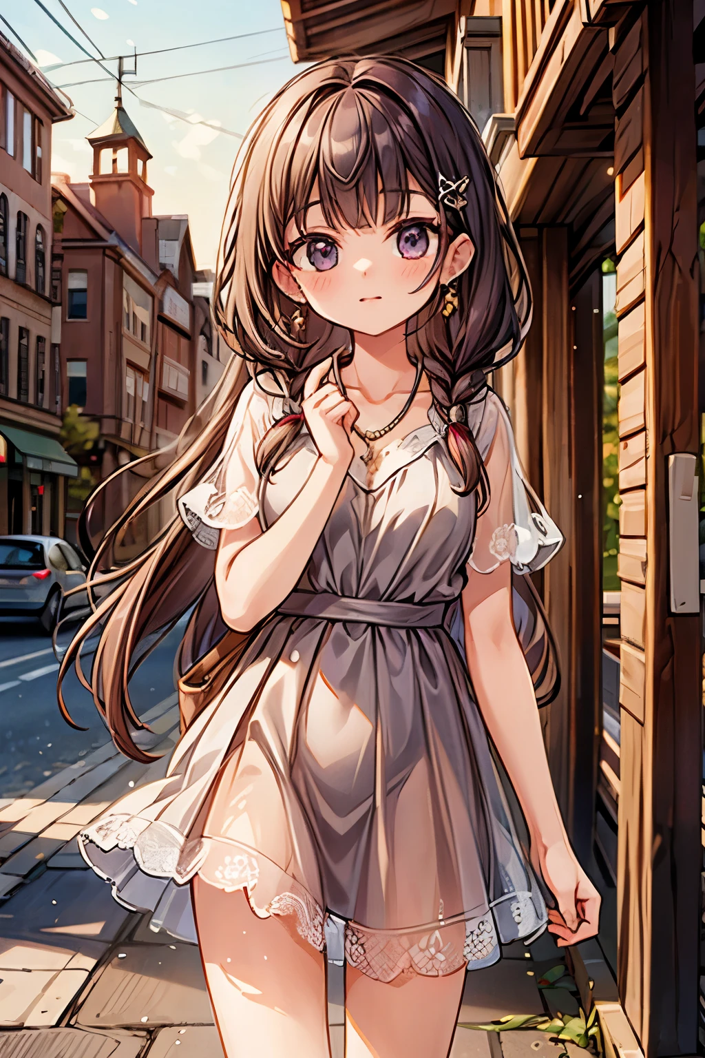 masterpiece, best quality, ultra high res,photon mapping,best shadow,portrait,beauty detail,ultra high detail,long purple hair,single braid,blunt bangs,medium breasts,city,downtown,see through, short dress, low cut:2, hair ornament, earrings, necklace, portrait, silver dress:2, looking at viewer,solo,professional light, detailed skin,