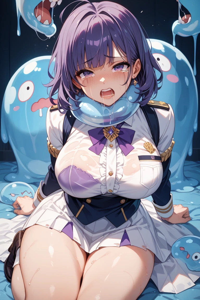 best quality, professional artwork, detailed eyes, beautiful eyes, gorgeous face, smooth features, huge breasts, blush, thick thighs, voluptuous, beautifully detailed background, wet body, tentacles wrapped around body, body wrapped in tentacles, tentacle penetrating, consentacles, hearts, heart shaped pupils, pubic hair, glasses, interior dark hallway, woman partially concealed behind ajar door to her apartment with tentacles visible behind her, see through negligee, thigh high stockings, legs together, looking at viewer, answering the door, being fucked hard from behind by tentacles, embarrassed, shy, viewed slightly at an angle, very flustered, sweating, wet body, flushed face, fucked silly, tentacle in pussy, clothed, lingerie, panties pulled to the side exposing tentacle entering vagina, tentacle between legs, covered breasts, happy, long hair, blue hair, standing, seductive, tentacle sex, orgasm, ahegao, woman being fucked hard by tentacles, drooling, lactating, disheveled, messy hair, hair over one eye, cum, anime face, tentacle visible between legs in vagina, tentacle in pussy, tentacle fucking pussy, sex, fucking, pussy dripping with cum, cum all over woman's body, sloppy, hairy pussy