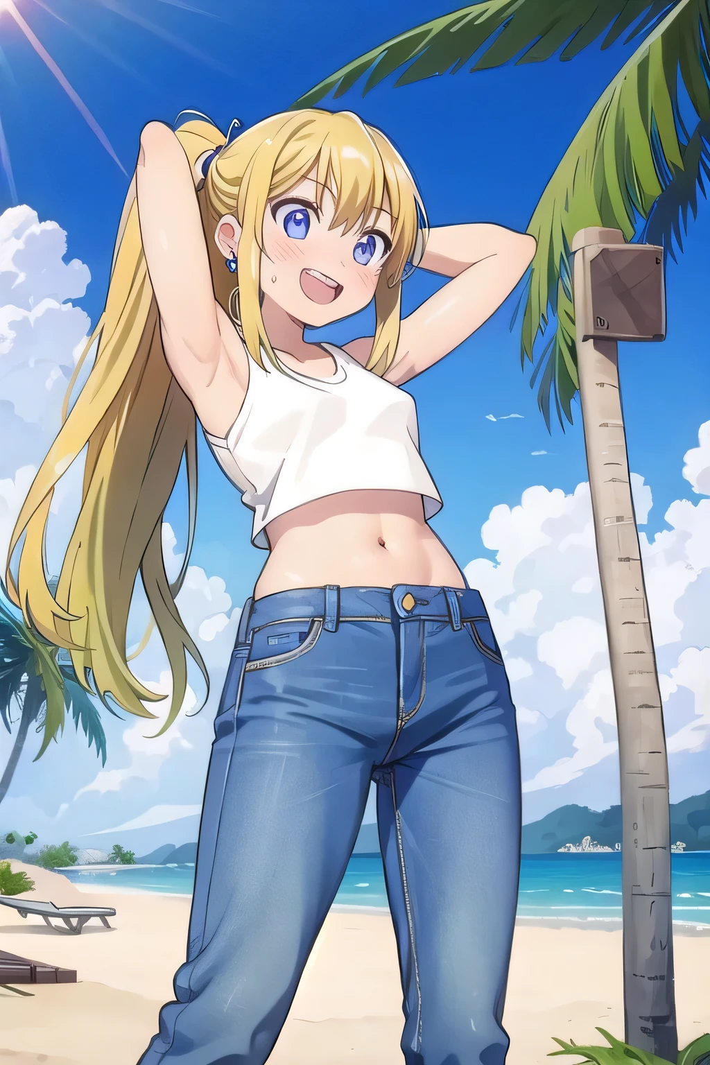 masterpiece,best quality,ultra detail, ((Perfect Face, Perfect Arms, Perfect hands, Perfect Fingers)), 1girl, , peti ((round face, ecstasy, orgasm face, drooping eyes, shame smiling, blush)), dropping eyes, sleepy, Open mouth, ((White teeth)), background((under the beach, (day:1.2), palm tree, bright sky)), winry rockbell, blue eyes, blonde hair, (long hair:1.4), ponytail, earrings, ((arms behind head, hands behind head, fingers behind head)), ((contrapposto)), spread armpits, looking at viewer,, (white tank top:1.2), (white crop top:1.2), (jeans pants:1.2, flares jeans:1.2, skinny jeans:1.2, blue jeans:1.2), standing, (legs spread:1.4), sex pose, Sweaty crotch, Steam from the crotch, from below, whole body
