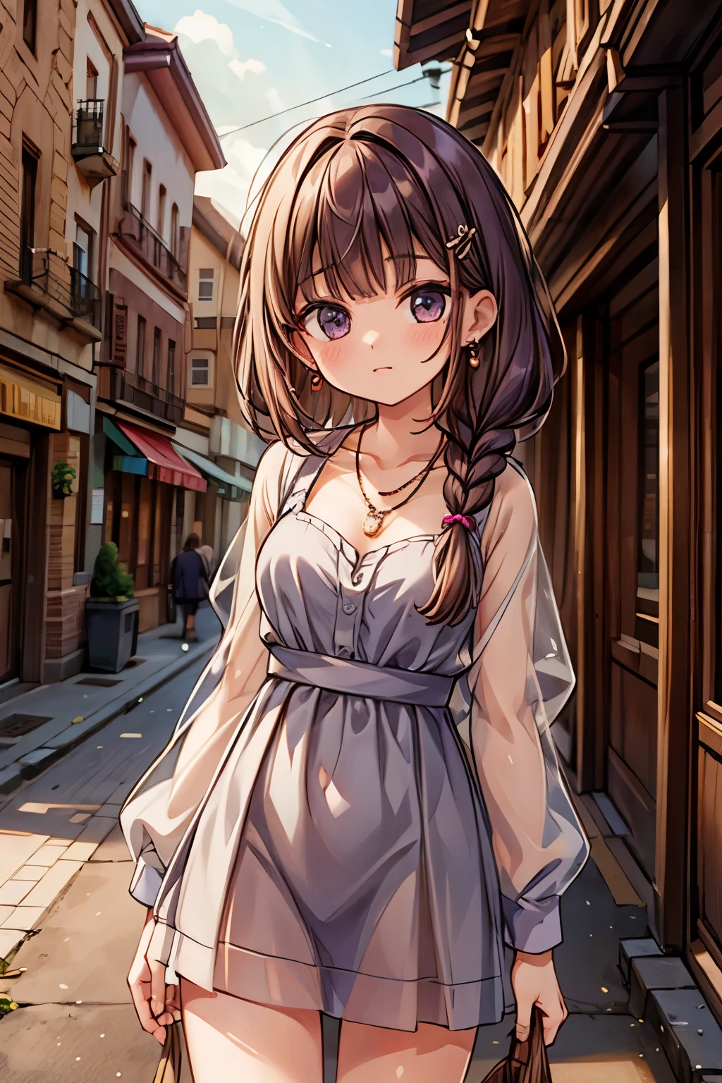 masterpiece, best quality, ultra high res,photon mapping,best shadow,portrait,beauty detail,ultra high detail,long purple hair,single braid,blunt bangs,medium breasts,city,downtown,see through, short dress, low cut:2, hair ornament, earrings, necklace, portrait, silver dress:2, looking at viewer,solo,professional light, detailed skin,