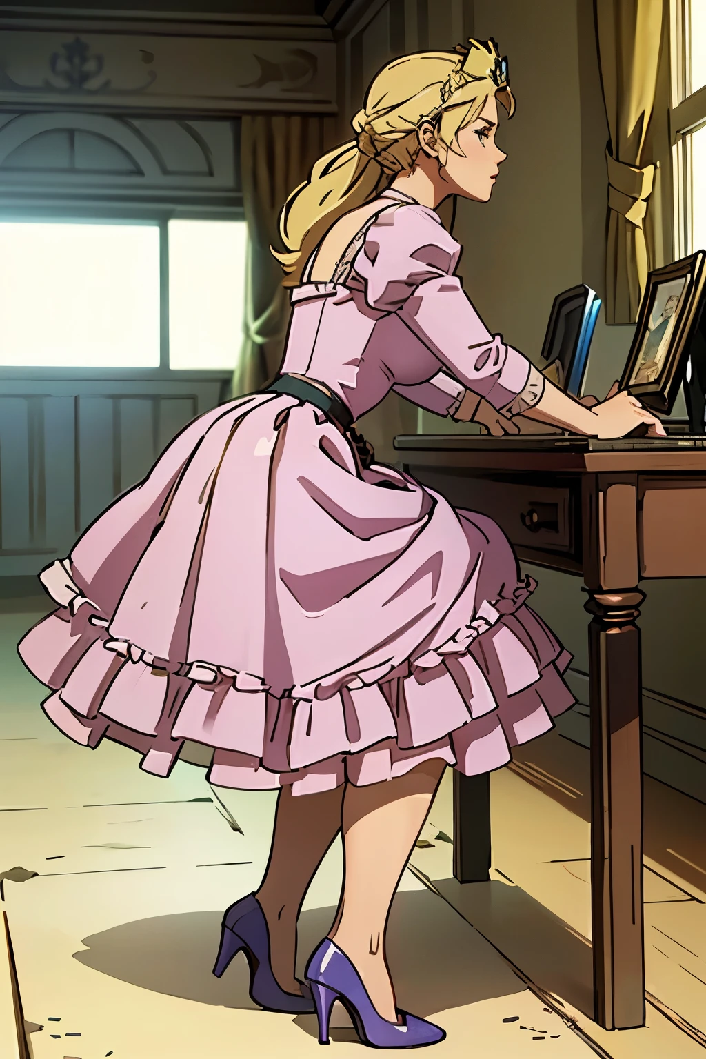 (masterpiece, best quality:1.3)MortalSonyaBlade, 1girl, solo, blonde hair, wearing a poofy pink ruffled princess dress, princess crown, inside a empty castle, full body, high heels, white petticoats underneath dress