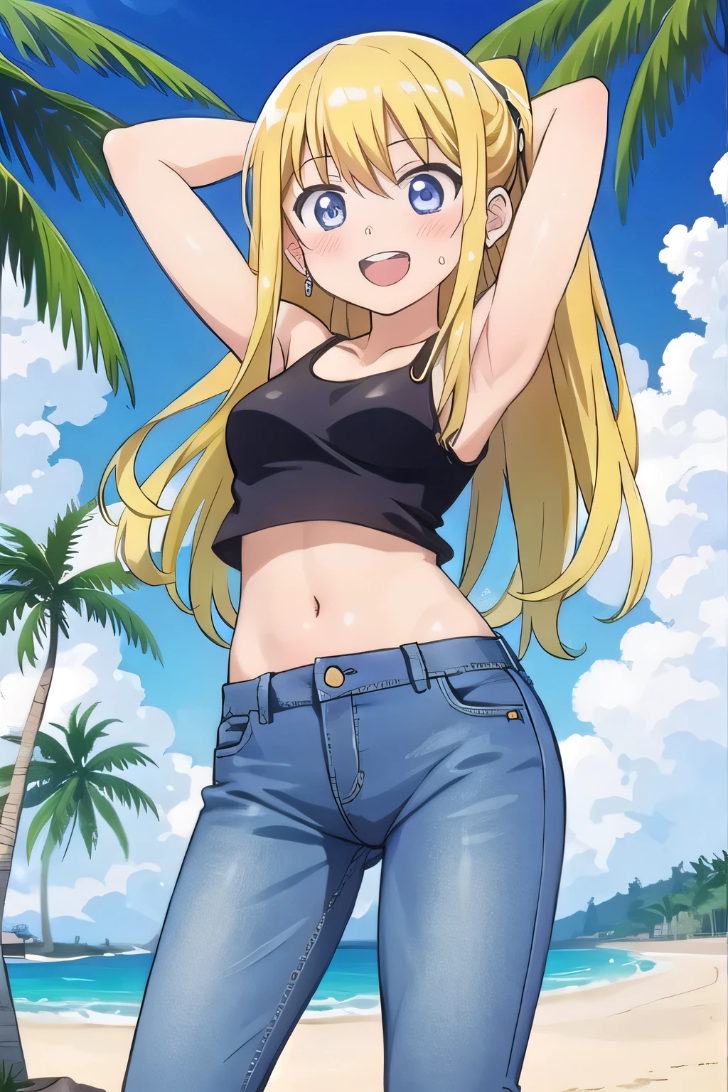 masterpiece,best quality,ultra detail, ((Perfect Face, Perfect Arms, Perfect hands, Perfect Fingers)), 1girl, , peti ((round face, ecstasy, orgasm face, drooping eyes, shame smiling, blush)), dropping eyes, sleepy, Open mouth, ((White teeth)), background((under the beach, (day:1.2), palm tree, bright sky)), winry rockbell, blue eyes, blonde hair, (long hair:1.4), ponytail, earrings, ((arms behind head, hands behind head, fingers behind head)), ((contrapposto)), spread armpits, looking at viewer,, (white tank top:1.2), (white crop top:1.2), (jeans pants:1.2, flares jeans:1.2, skinny jeans:1.2, blue jeans:1.2), standing, (legs spread:1.4), sex pose, Sweaty crotch, Steam from the crotch, from below, whole body