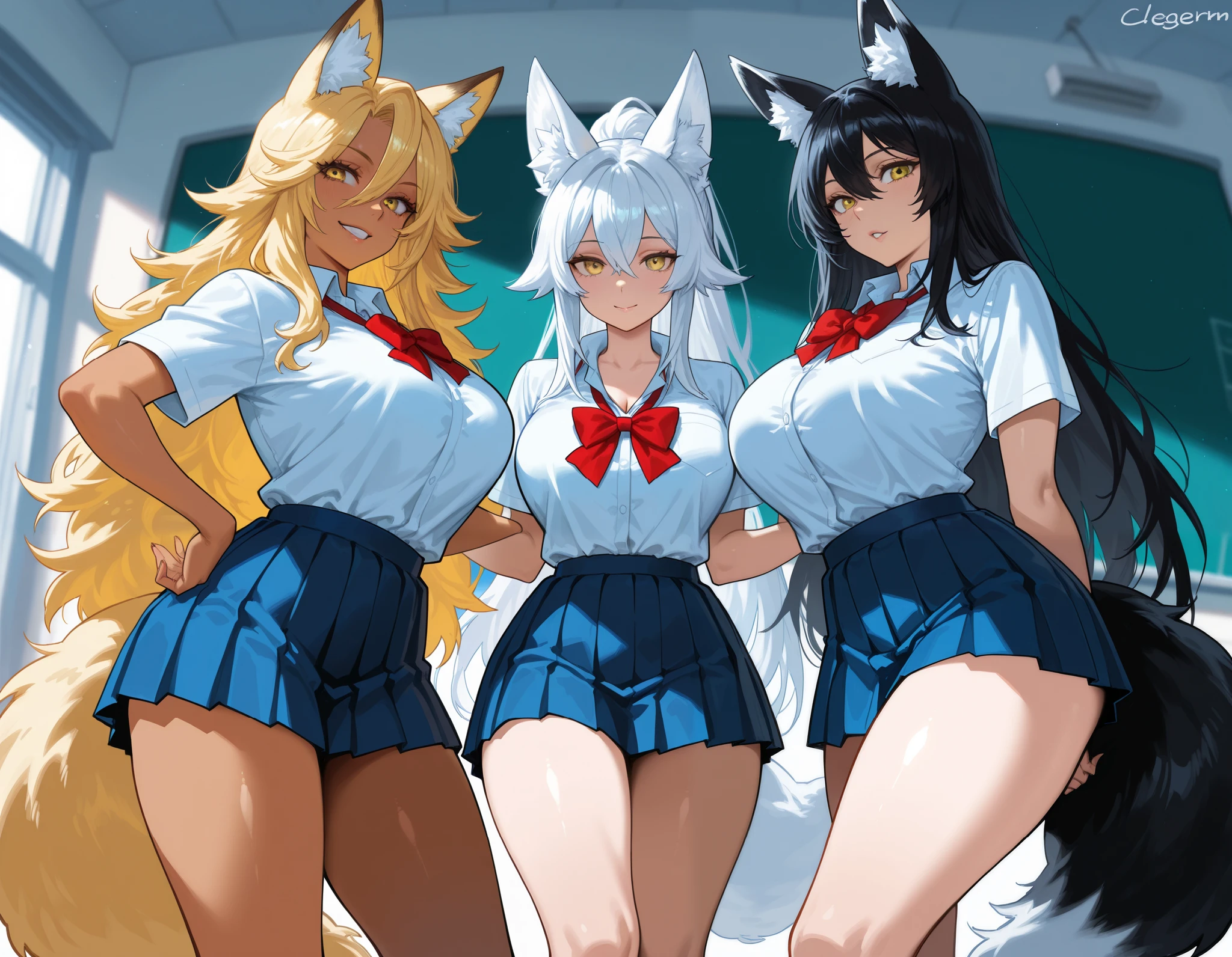 White woman in a strip club orgy , fit 6 pack , blond very long super thick wild hair , smiling , blushing , small snow leopard ears , red eyes , suductive smile , freckles, sexy pose , wearing a short skirt with pussy out