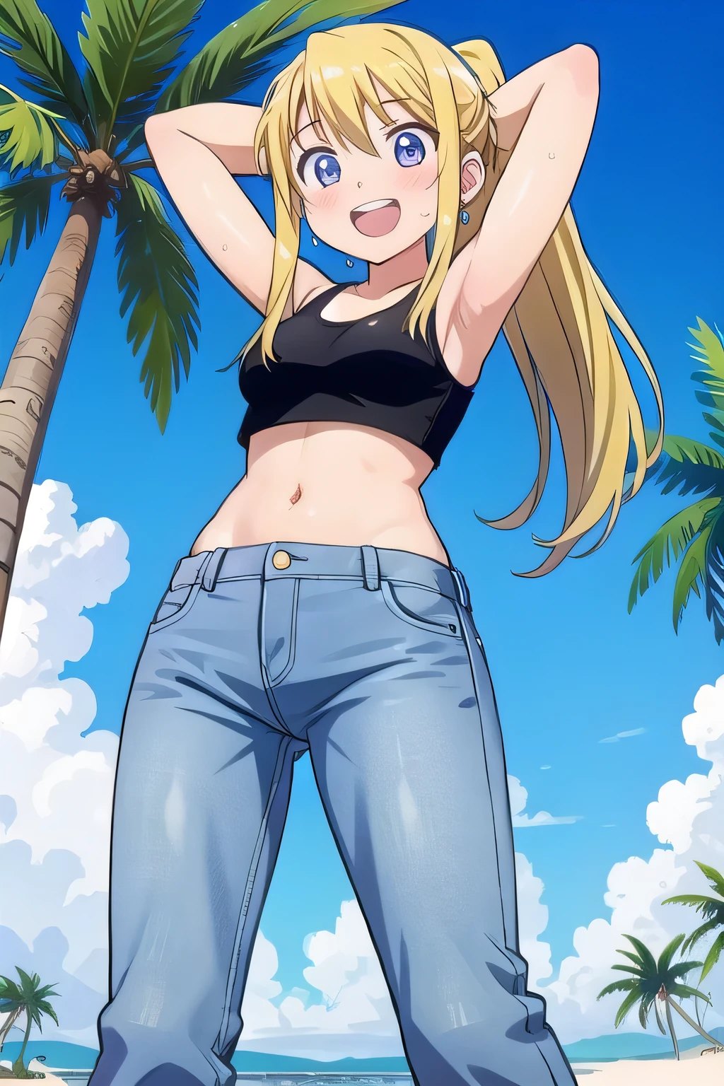 masterpiece,best quality,ultra detail, ((Perfect Face, Perfect Arms, Perfect hands, Perfect Fingers)), 1girl, , peti ((round face, ecstasy, orgasm face, drooping eyes, shame smiling, blush)), dropping eyes, sleepy, Open mouth, ((White teeth)), background((under the beach, (day:1.2), palm tree, bright sky)), winry rockbell, blue eyes, blonde hair, (long hair:1.4), ponytail, earrings, ((arms behind head, hands behind head, fingers behind head)), ((contrapposto)), spread armpits, looking at viewer,, (white tank top:1.2), (white crop top:1.2), (jeans pants:1.2, flares jeans:1.2, skinny jeans:1.2, blue jeans:1.2), standing, (legs spread:1.4), sex pose, Sweaty crotch, Steam from the crotch, from below, whole body