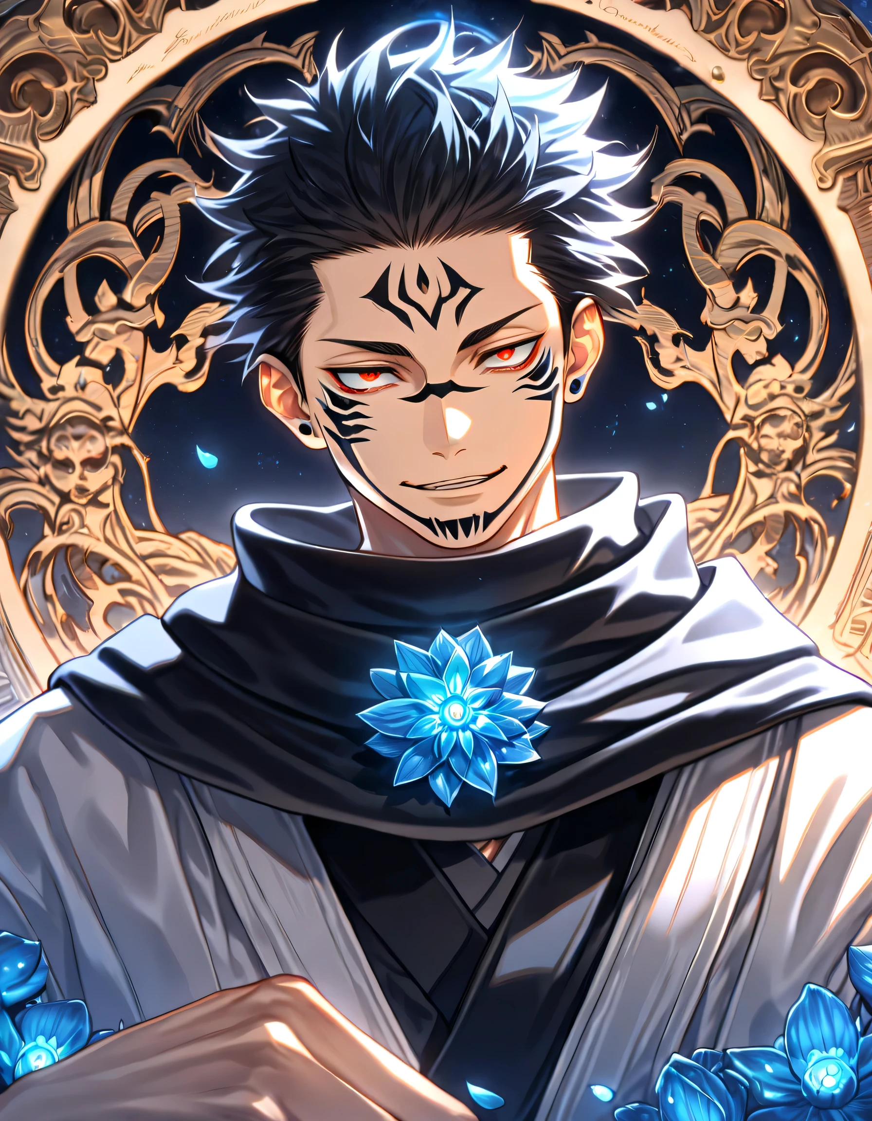 Ultra detailed, highres, absurdres, HDR, master piece, Ryomen Sukuna, black hair, expressive red eyes, Jujutsu Kaisen, blue petals, black scarf, man, solo, best quality, blue flowers, blue shining fireflies, fantasy, magical, handsome, blue moon, white kimono, smirking, dark aura out from sukuna