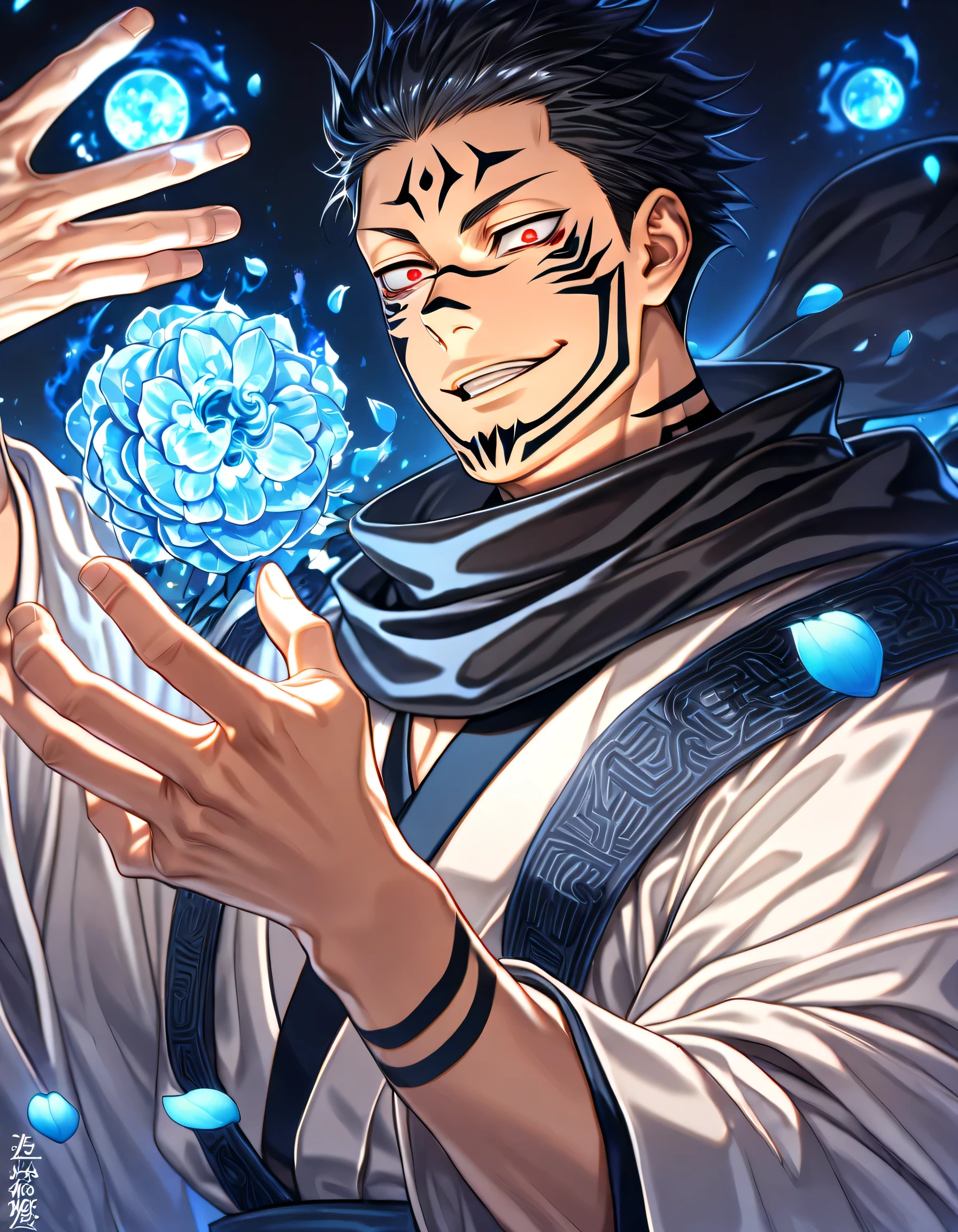 Ultra detailed, highres, absurdres, HDR, master piece, Ryomen Sukuna, black hair, expressive red eyes, Jujutsu Kaisen, blue petals, black scarf, man, solo, best quality, blue flowers, blue shining fireflies, fantasy, magical, handsome, blue moon, white kimono, smirking, dark aura out from sukuna