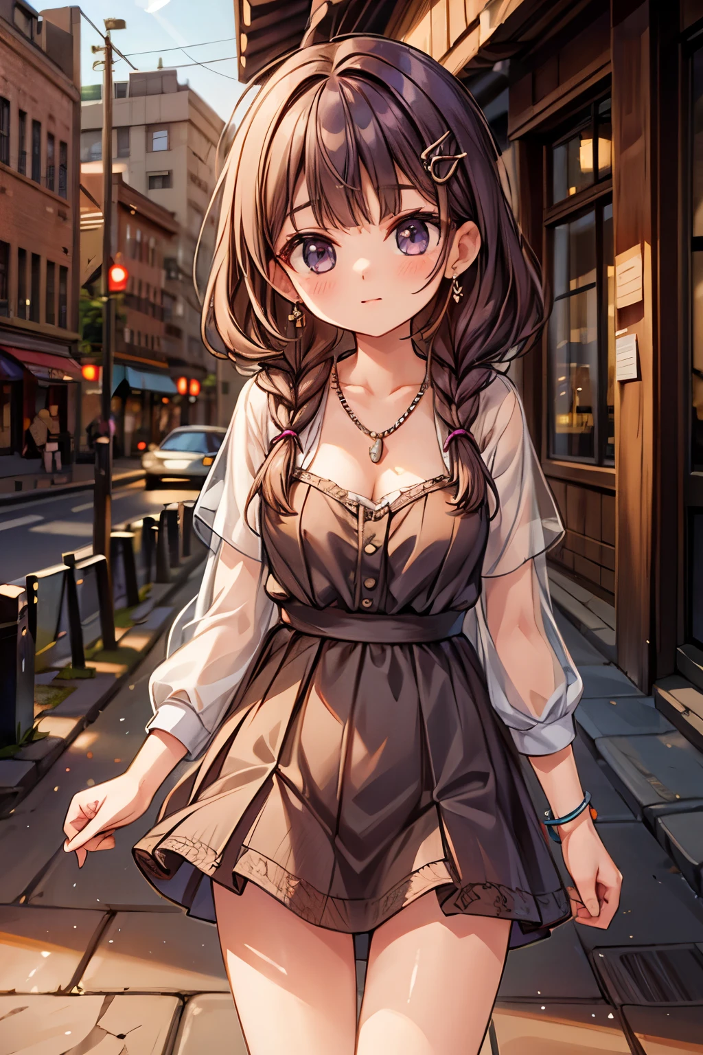 masterpiece, best quality, ultra high res,photon mapping,best shadow,portrait,beauty detail,ultra high detail,long purple hair,single braid,blunt bangs,medium breasts,city,downtown,see through, short dress, low cut:2, hair ornament, earrings, necklace, portrait, silver dress:2, looking at viewer,solo,professional light, detailed skin,