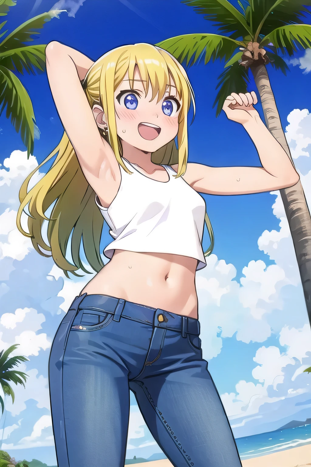 masterpiece,best quality,ultra detail, ((Perfect Face, Perfect Arms, Perfect hands, Perfect Fingers)), 1girl, , peti ((round face, ecstasy, orgasm face, drooping eyes, shame smiling, blush)), dropping eyes, sleepy, Open mouth, ((White teeth)), background((under the beach, (day:1.2), palm tree, bright sky)), winry rockbell, blue eyes, blonde hair, (long hair:1.4), earrings, ((arms behind head, hands behind head, fingers behind head)), ((contrapposto)), spread armpits, looking at viewer,, (white tank top:1.2), (white crop top:1.2), (jeans pants:1.2, flares jeans:1.2, skinny jeans:1.2, blue jeans:1.2), standing, (legs spread:1.4), sex pose, Sweaty crotch, Steam from the crotch, from below, whole body