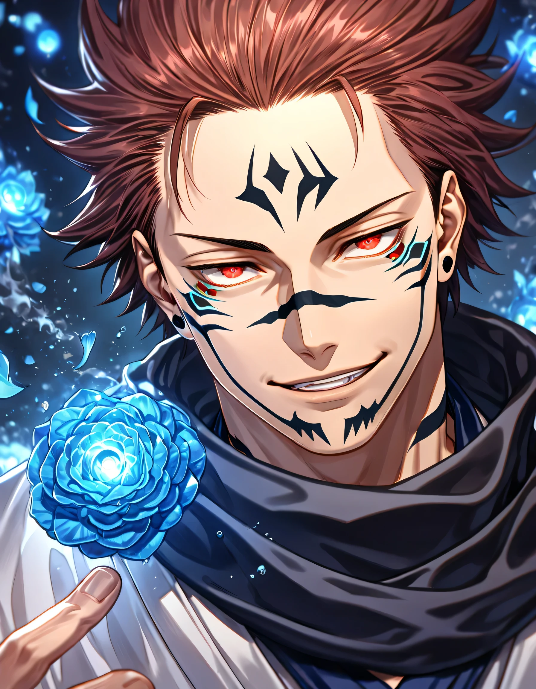 Ultra detailed, highres, absurdres, HDR, master piece, Ryomen Sukuna, black hair, expressive red eyes, Jujutsu Kaisen, blue petals, black scarf, man, solo, best quality, blue flowers, blue shining fireflies, fantasy, magical, handsome, blue moon, white kimono, smirking, dark aura out from sukuna