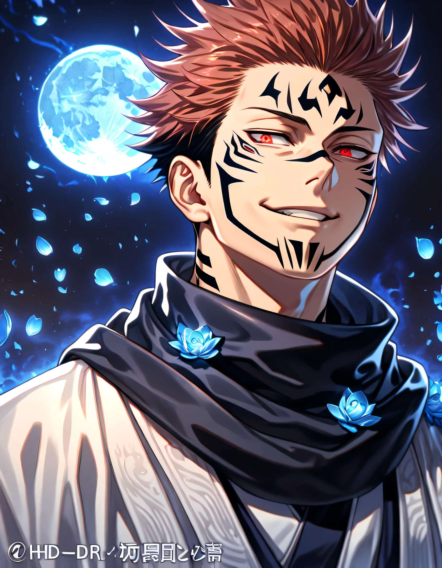 Ultra detailed, highres, absurdres, HDR, master piece, Ryomen Sukuna, black hair, expressive red eyes, Jujutsu Kaisen, blue petals, black scarf, man, solo, best quality, blue flowers, blue shining fireflies, fantasy, magical, handsome, blue moon, white kimono, smirking, dark aura out from sukuna