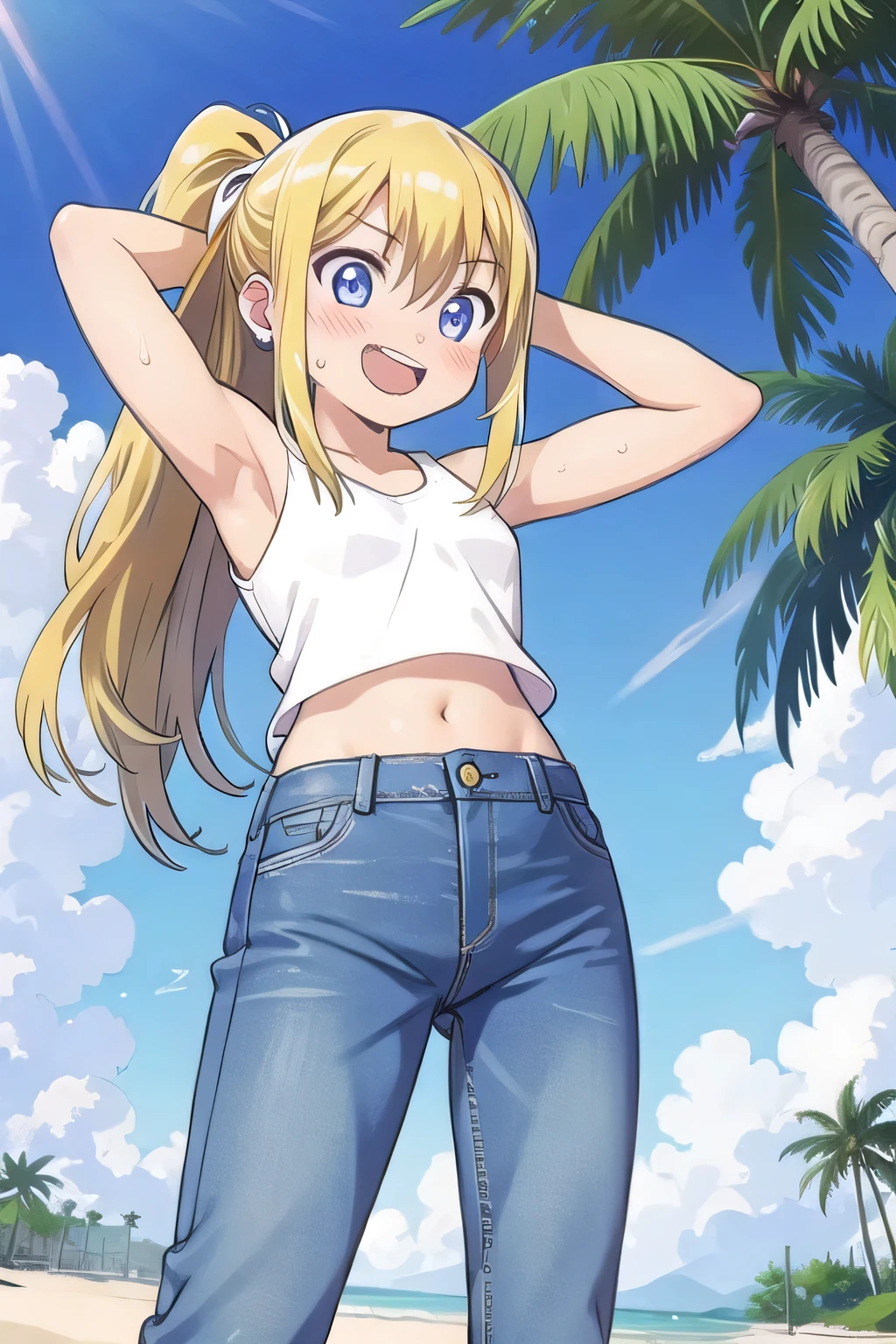 masterpiece,best quality,ultra detail, ((Perfect Face, Perfect Arms, Perfect hands, Perfect Fingers)), 1girl, , peti ((round face, ecstasy, orgasm face, drooping eyes, shame smiling, blush)), dropping eyes, sleepy, Open mouth, ((White teeth)), background((under the beach, (day:1.2), palm tree, bright sky)), winry rockbell, blue eyes, blonde hair, (long hair:1.4), ponytail, earrings, ((arms behind head, hands behind head, fingers behind head)), ((contrapposto)), spread armpits, looking at viewer,, (white tank top:1.2), (white crop top:1.2), (jeans pants:1.2, flares jeans:1.2, skinny jeans:1.2, blue jeans:1.2), standing, (legs spread:1.4), sex pose, Sweaty crotch, Steam from the crotch, from below, whole body