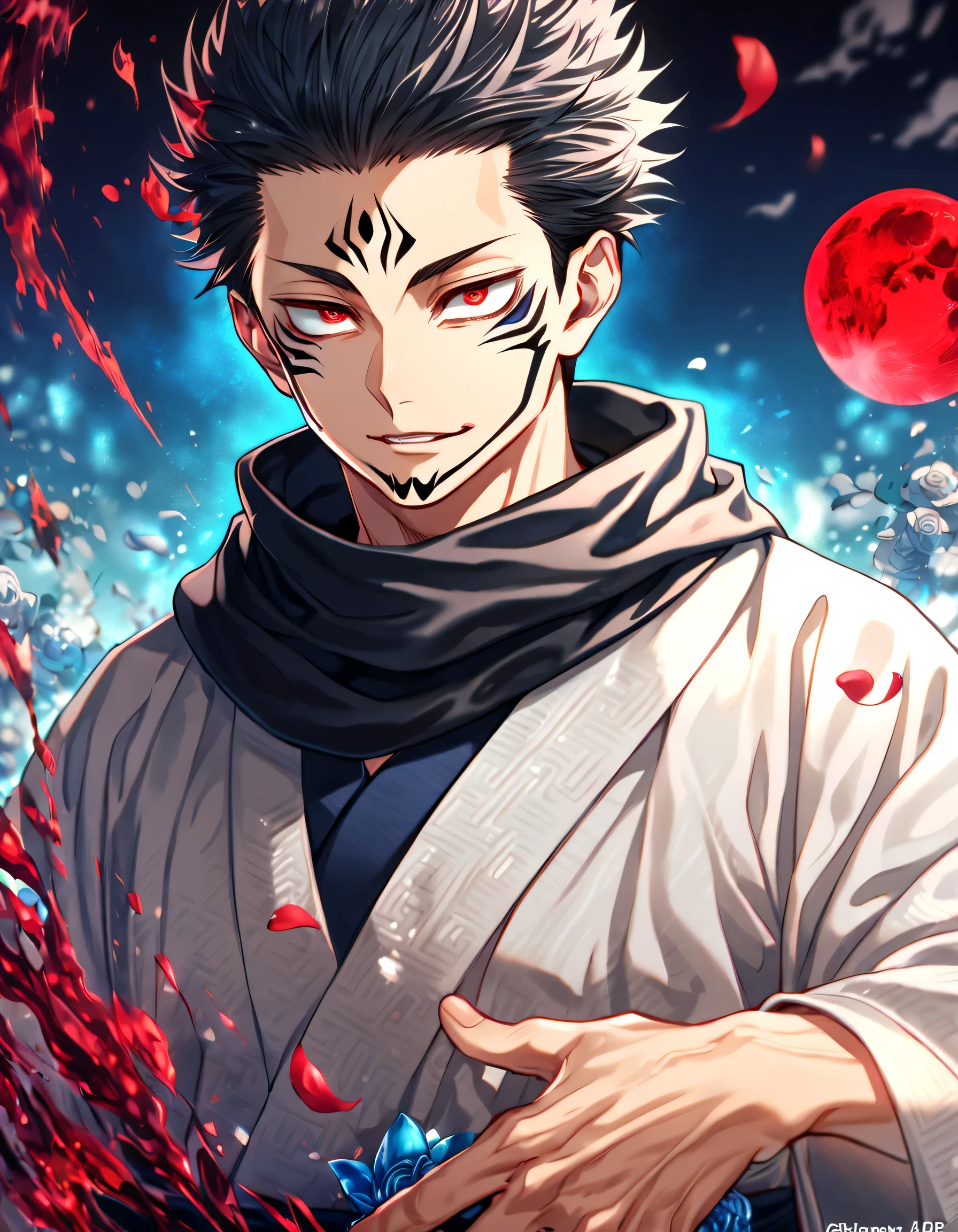 absurdres, highres, ultra detailed, HDR, masterpiece, best quality, Ryomen Sukuna, black hair, expressive red eyes, Jujutsu Kaisen, solo, sexy man, handsome, black scarf, white kimono, red blood water, purple moon, magical