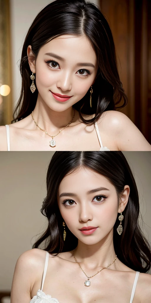 (flat chest 2girl:1.4), brown eyes, (cute smile:1.2), (highly detailed eyes, highly detailed face), (flat chest, Tube top:1.2), accessories, necklace, earrings, (hyper-realistic, hight resolution), (best Quality:1.4), model, Enchanting, beach, (Fine face:1.2),