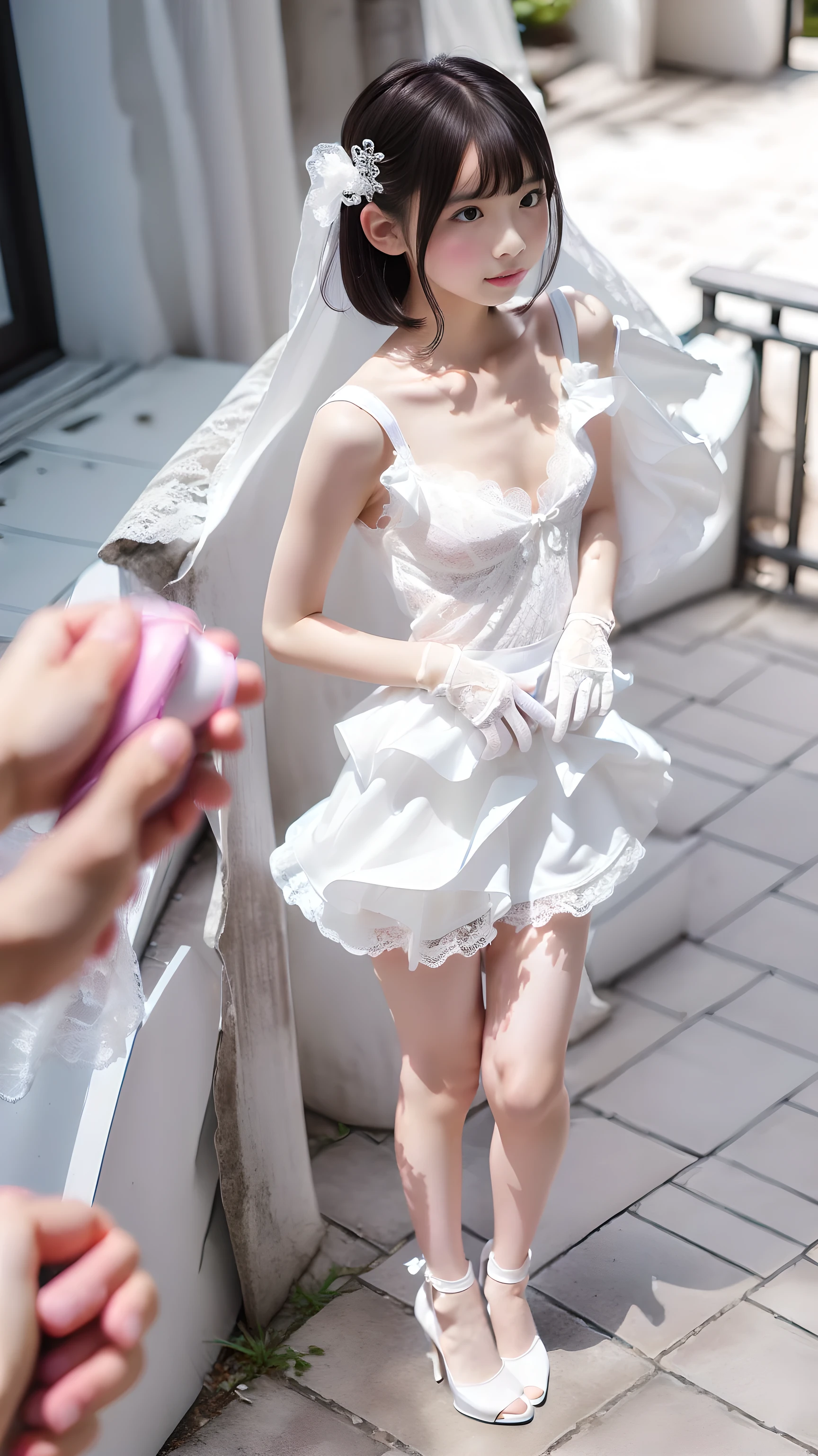 (hight resolution、hightquality、hightquality、High-resolution face drawing、Single Female、独奏))、((very Bigger breasts:1.3))、cleavage of the breast,Perfect Angle、Professional quality、perfect contrast、Perfect litthing、perfect-composition、perfect Waifu、flawless skin、perfect hand、Perfect fingers、perfect chest、perfect hair、face perfect、A masterpiece with realistic facial features、long neck、Protruding ears、Princess Cut、a short bob、Clean teeth、(legs are long,、二重まぶた,The eye、It's a bit wide、Quite an adult supermodel)、Bangs are a beautiful short bob cut、short beautiful hair with bangs,,,,,,,,,、long neck、a small face、Beautiful collarbone、Light reflected in the eyes、face perfect、Perfect body、Perfect fingers、perfect arms、perfect hand、Symmetrical and very beautiful face、Golden Ratio Beauty Face、looking straight at camera:1.4、perfect anatomia、27yo、adult appeal、cute little、spotless、A smile、Perfect Lovely Wife、A masterpiece of realistic facial features、lipgloss、long neck、Nice collarbone、Nice cleavage、Nice teeth、Fingers on cheeks、10 head body、Beautiful poses、Super Real 8K、thick thight、thin ankles、dense background、depth of fields、realisitic:1.3、longshot、((Snow White prom dress with short skirt、wedding veil、Back ribbon、Pagoda Sleep、Train、Long Globe:1.7))、((Very thin white pantyhose: 1.7))、beauty legs、((Panties under pantyhose 1.7))、Foot size 22.5cm、thin and beautiful toes、((You are in front of the chapel:1.4)),Facing the viewer,White high heels、holding the bouquet with both hands、Sexy Bride、((Squat: 1.8)), ((Wide legs open: 1.8)),((Show your crotch to viewers:1.8)),Put your hands on the ground behind your back,Thrust your hips forward,((Show your panties to your audience:1.8))
