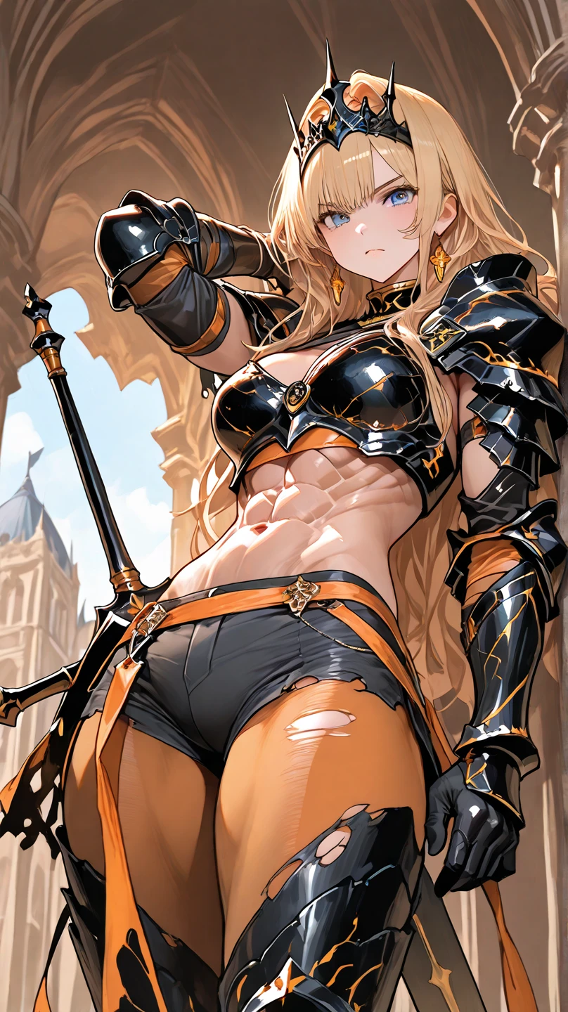 Very detailed、highest quality、Best image quality、masterpiece、8k、Anime Face、A kind smile、Open your mouth、Sparkling blue eyes、(Blonde wavy hair:1.5)、、Muscles of the whole body、camisole、Thigh belt、mini skirt、(Wearing black bikini armor:1.5)、(Cowboy Shot:1.5)、(Leg armor:1.5)、Armor