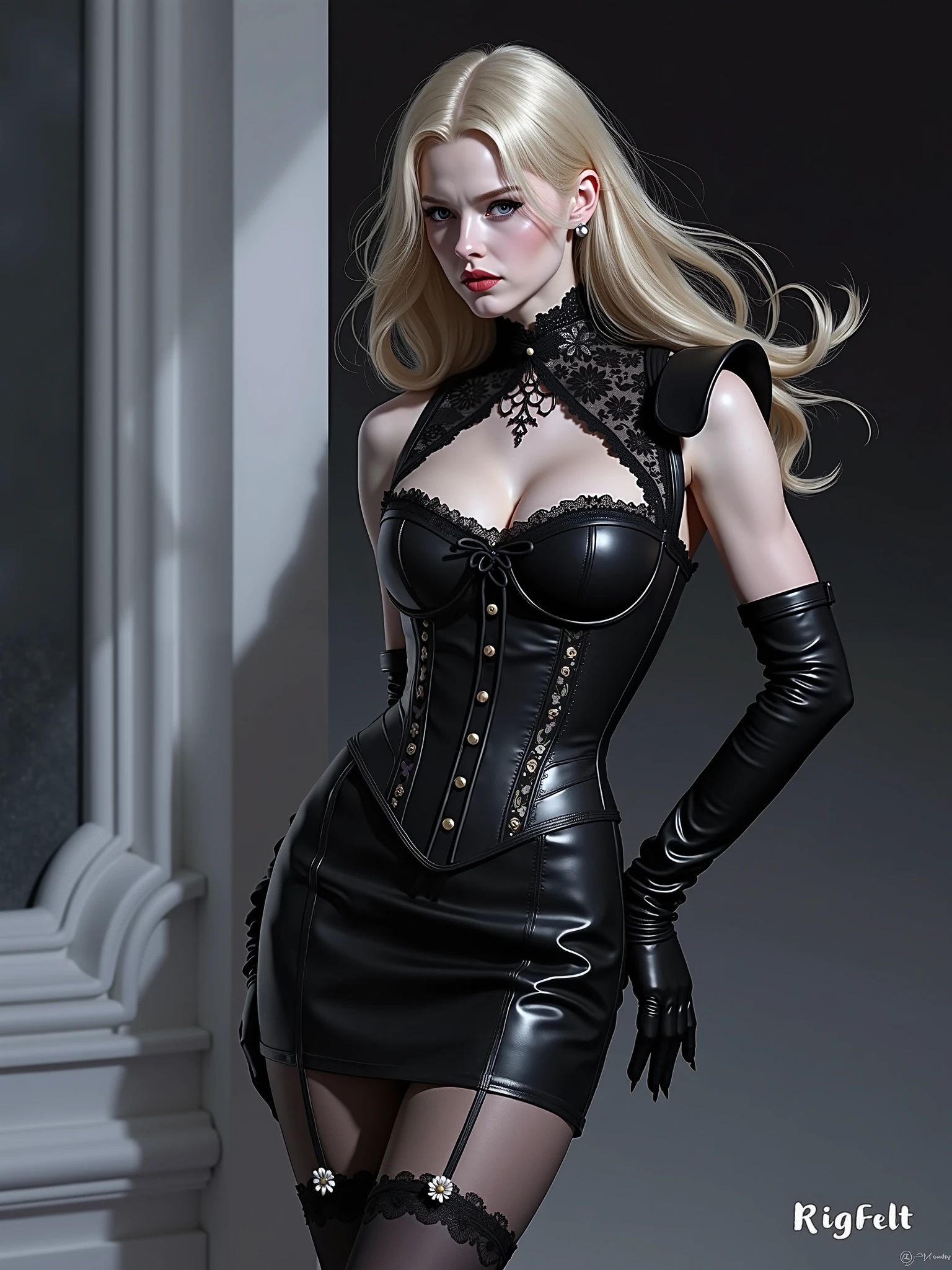 a goth picture of Barbie as a gothic queen (best details, Masterpiece, best quality :1.5), ultra detailed face (best details, Masterpiece, best quality :1.5), ultra feminine (best details, Masterpiece, best quality :1.5), wearing latex black mini dress, black stockings, pink high heels, long braided hair, hair pulled back, blond hair, dynamic goth background (best details, Masterpiece, best quality :1.5), ultra best realistic pictures , best details, best quality, 16k, [ultra detailed], masterpiece, best quality, (extremely detailed), ultra wide shot, photorealism, depth of field, hyper realistic painting, wearing collar, hihelz