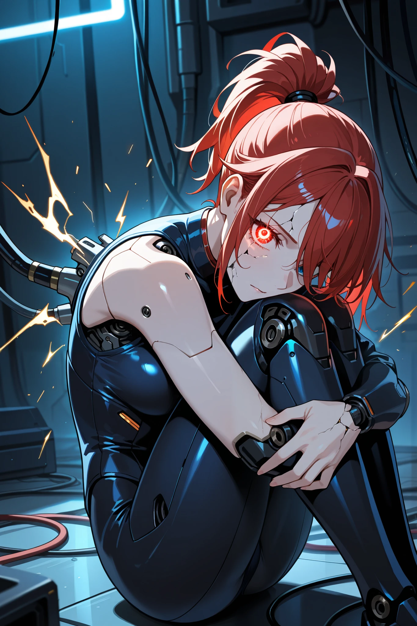 masterpiece, best quality, amazing quality, very aesthetic, high resolution, newest, 1girl, cyborg, android, red hair, high ponytail, (artificial eye, torn face, cracked face), ((cracked skin)), single mechanical arm, robot joints, cyberpunk, mechanical parts, wire, cable, humanoid robot, glowing eye, sitting, hugging own legs, science fiction, steel body parts, rusty parts, (electricity, sparks), depth of field, absurdres, highres, novel illustration, official wallpaper