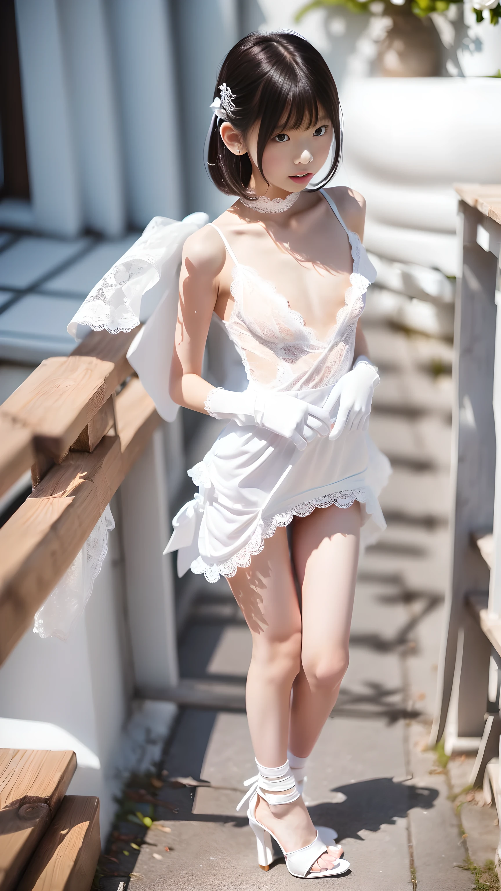 (((Full body portrait:1.5))),(Frightened face),(open mouth vertically),(very short pure white lace miniskirt),(female masturbation),(small breasts:1.5),(very cute petite Japanese girl with a slender body and a baby face),(Short stature and skinny body),(short limbs),(extremely cute girls),(Pure white dress with a very short miniskirt),(white underwear),(thin thighs),(hands on buttocks),(drunk),(Voyeur from the side),(facing forward),white hair ribbon,white lace gloves,white stiletto heels,own home,Ultra high definition,Highest quality,high resolution,Extremely detailed depiction,super detailed skin