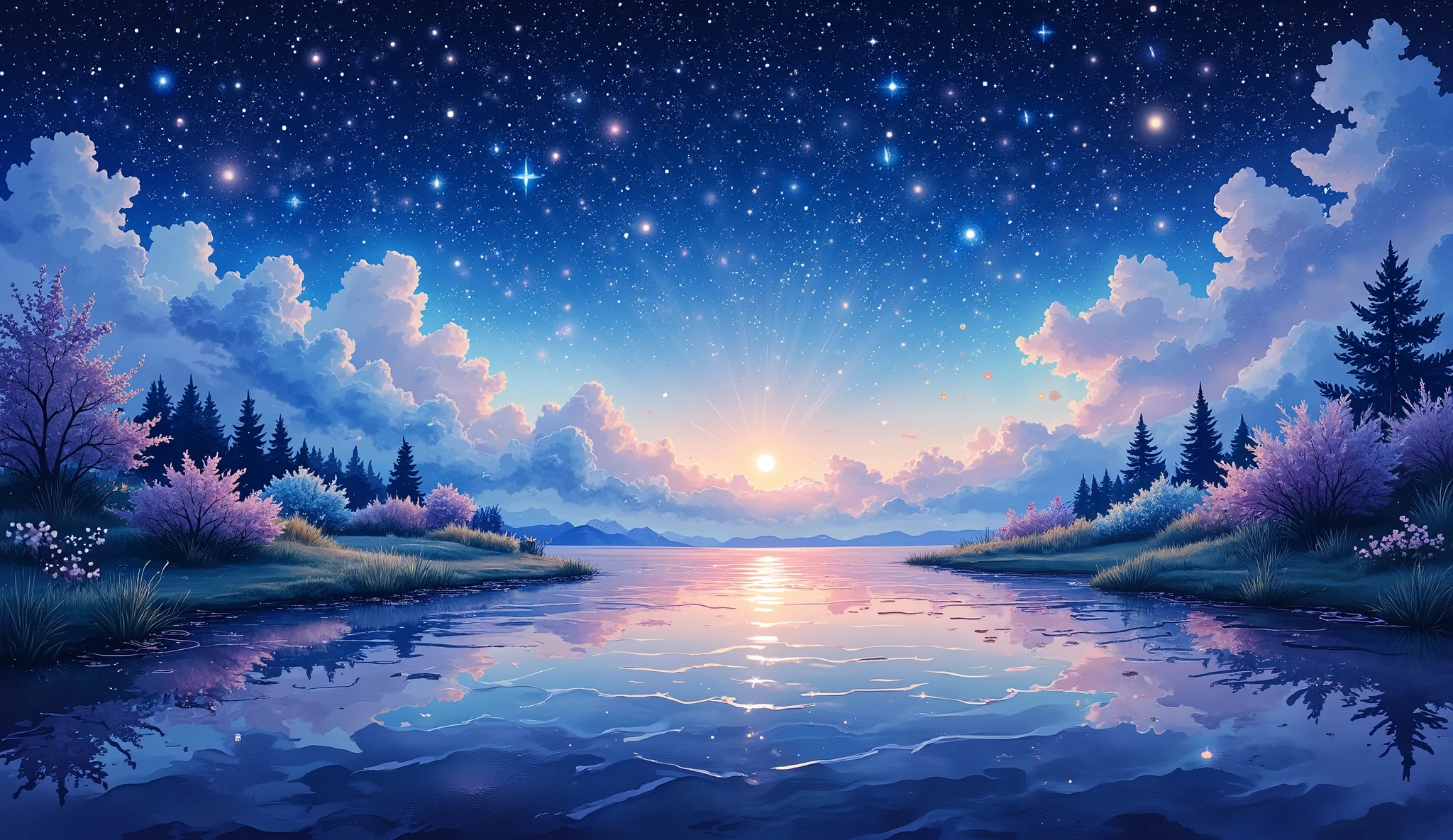 Top-down view of a vast, tranquil lake at night, its smooth and glass-like surface reflecting the star-filled sky with stunning clarity. The water is deep and dark, with subtle ripples and variations in texture that create a realistic and immersive effect. The shoreline is faintly visible, featuring natural curves and dark silhouettes of trees that frame the scene. The reflection of the cosmos is sharp and detailed, mirroring glowing stars, vibrant nebulae, and distant galaxies. The lake’s subtle movements slightly distort the celestial reflection, adding depth and realism. The color palette consists of deep blues, purples, and silvers, enhanced with HDR lighting for striking contrast and atmospheric depth. Ultra-detailed textures, photorealistic rendering, cinematic lighting, high-quality, anime-style, CG Unity 8K, extreme detail, depth of field