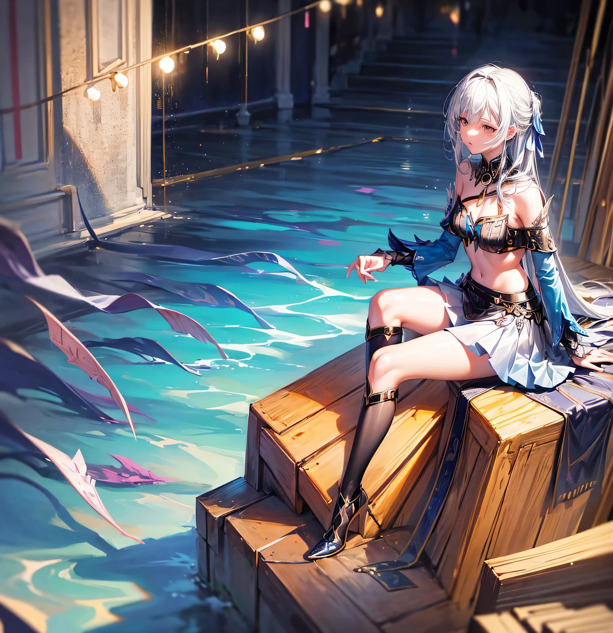 long and beautiful thighs and legs;sitting cute pose; staring on sky; mini-skirt; full stockings; aesthetic; bohemian; realistic; skinny fit; emo; ; night city background; Dark fantasy ; focus on hips; goddess; beautiful solo girl; epic scene; black and yellow outfit; emotional