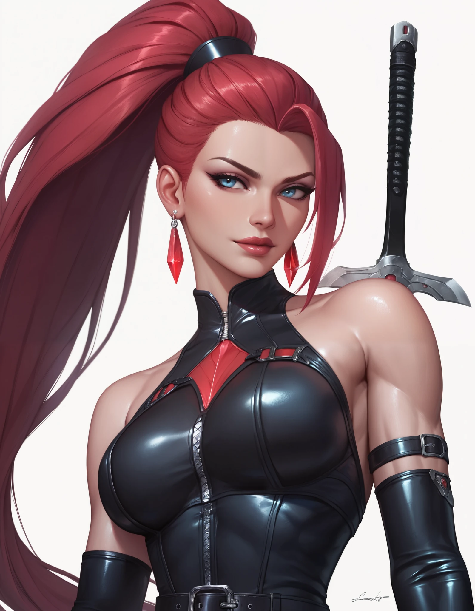 (cyberpunk street samurai), cybernetic implants, dark red mohawk, piercings, medium breasts, round butt, beautiful face, skimpy futuristic armour, chest tattoo, tattoo sleeves, smirking smile, tan skin, highly detailed, cleavage, cyberpunk city background, futuristic gun waist, tight shorts