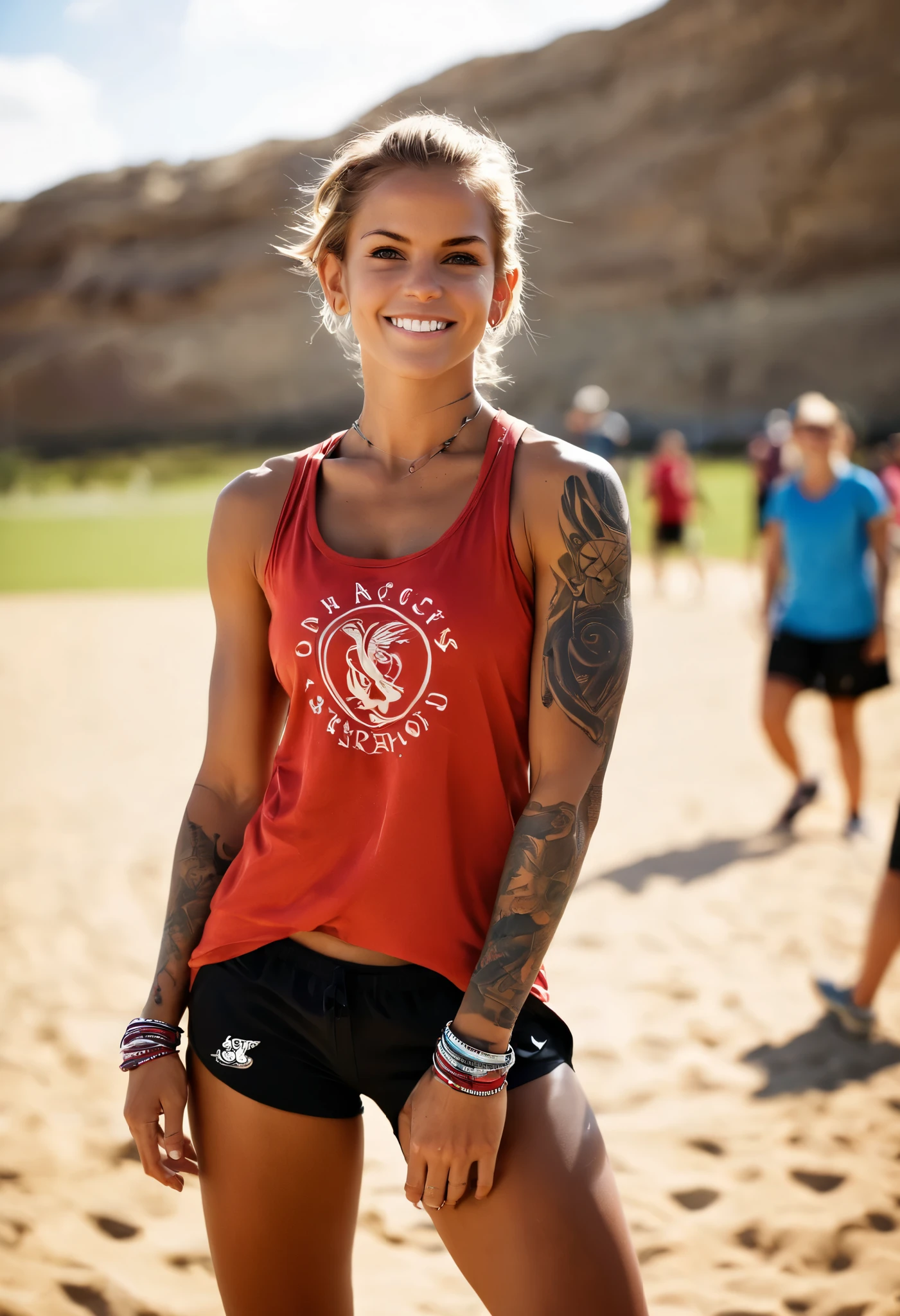 Realystic, tan-skinned woman, athletic build, funny expression, multiple new school tattoos, depth of field, background blur, bare hands, accessories, bare sleeves, bare shoulders, red hair, bracelets, full body shot,