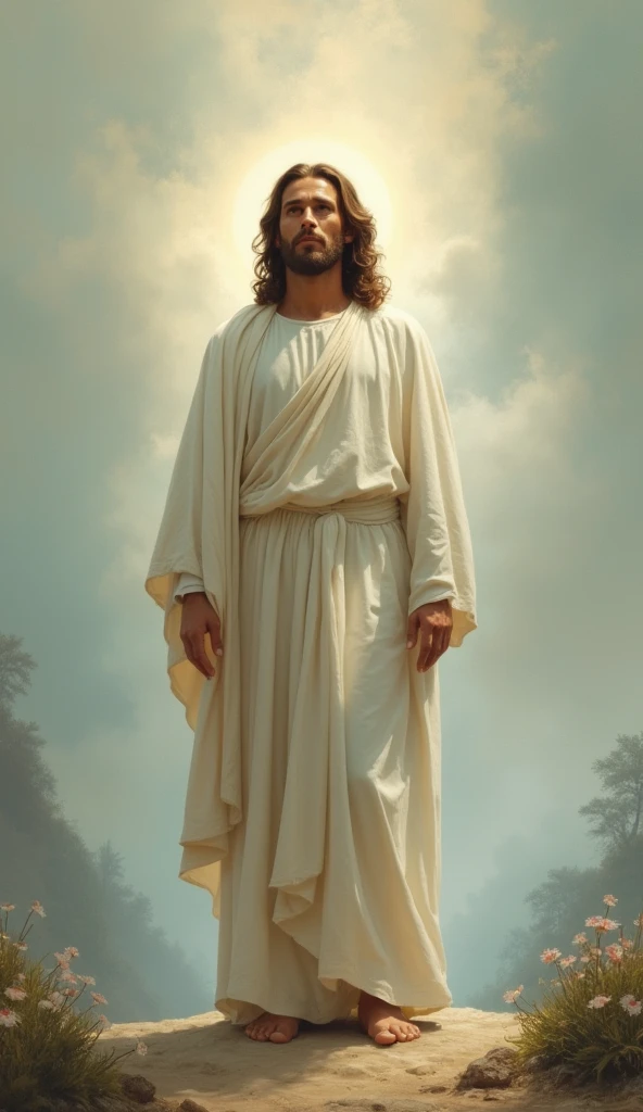 A portrait of Jesus, full body, sky, clouds, sunset, sacred aura, cinematic, realistic light