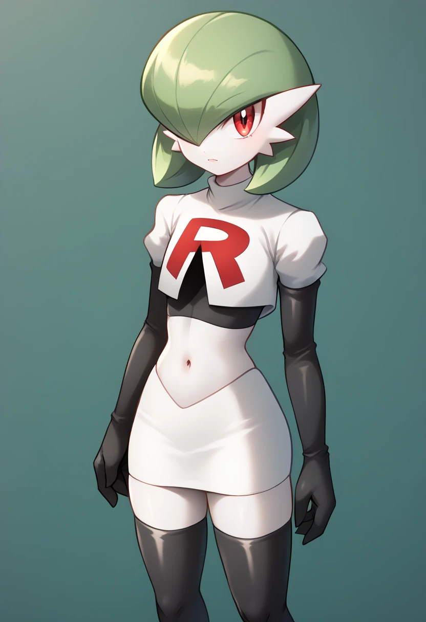 masterpiece, best_quality, 1girl, solo, gardevoir, creatures \(company\), game freak, nintendo, pokemon, pokemon \(game\), bangs, colored skin, female focus, gen 3 pokemon, green hair, green skin, hair over one eye, multicolored skin, pokemon \(creature\), red eyes, short hair, two-tone skin, white skin, team rocket,team rocket uniform,white skirt,red letter R,crop top,black thigh-highs,black elbow gloves