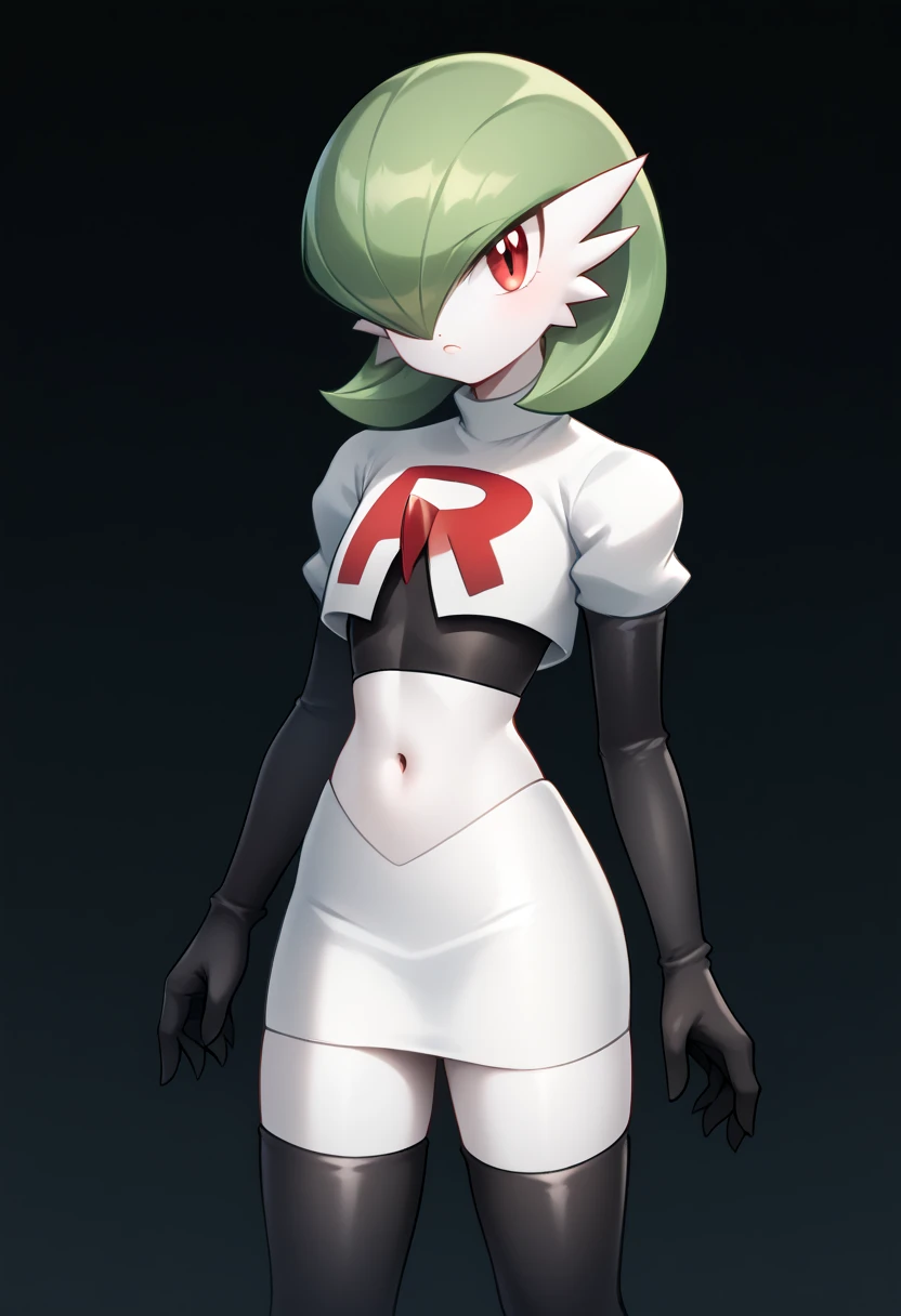 masterpiece, best_quality, 1girl, solo, gardevoir, creatures \(company\), game freak, nintendo, pokemon, pokemon \(game\), bangs, colored skin, female focus, gen 3 pokemon, green hair, green skin, hair over one eye, multicolored skin, pokemon \(creature\), red eyes, short hair, two-tone skin, white skin, team rocket,team rocket uniform,white skirt,red letter R,crop top,black thigh-highs,black elbow gloves