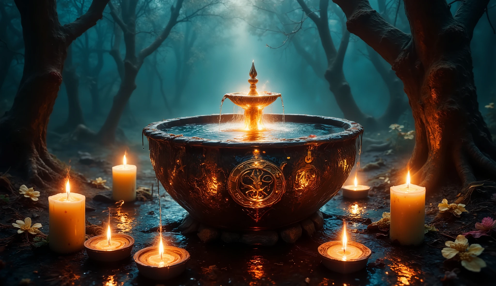 A hyperrealistic, cinematic photograph capturing an ancient water fountain covered in luminous magical runes and precious stones, gracefully positioned on a candlelit tree branch. The soft amber glow from the surrounding candles creates striking contrasts between shadow and light, enhancing the intricate carvings of the fountain. Water cascades gently, glistening like liquid crystal. The rich, detailed textures of the bark and stone are brought to life, while the blurred background reveals a dark, enchanted forest bathed in mysterious blue mist.