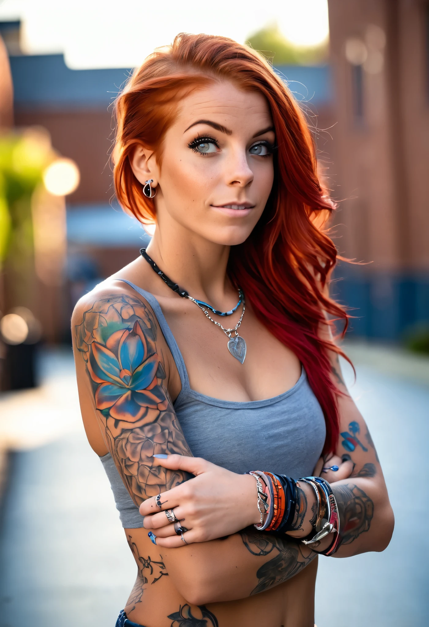 Realystic, tan-skinned woman, athletic build, funny expression, multiple new school tattoos, depth of field, background blur, bare hands, accessories, bare sleeves, bare shoulders, red hair, bracelets, full body shot,