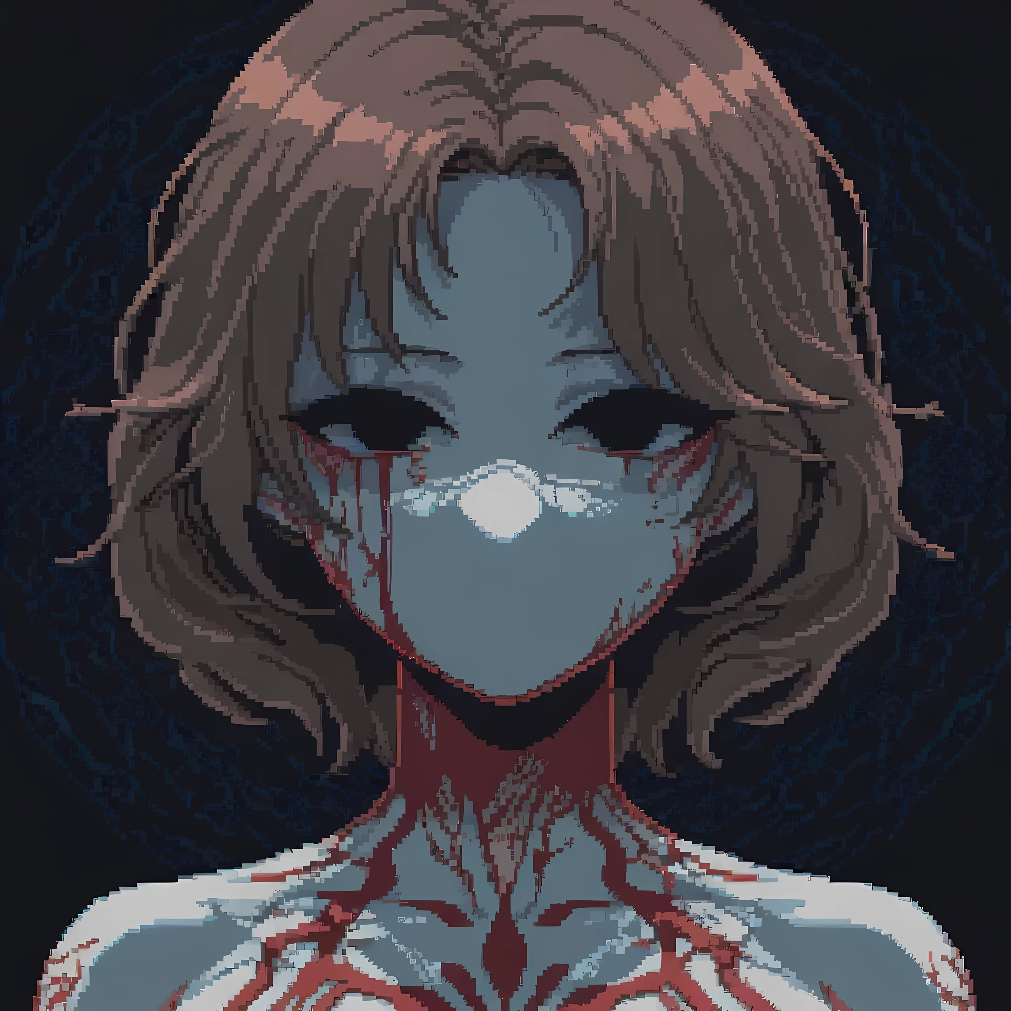 modern pixel art, masterpiece, best quality, 1girl, solo, white as snow skin, short hair, brown hair, black eyes, faceless, streaks, dark background, shoulder mark, flat color, limited palette, no lineart, evil, portrait