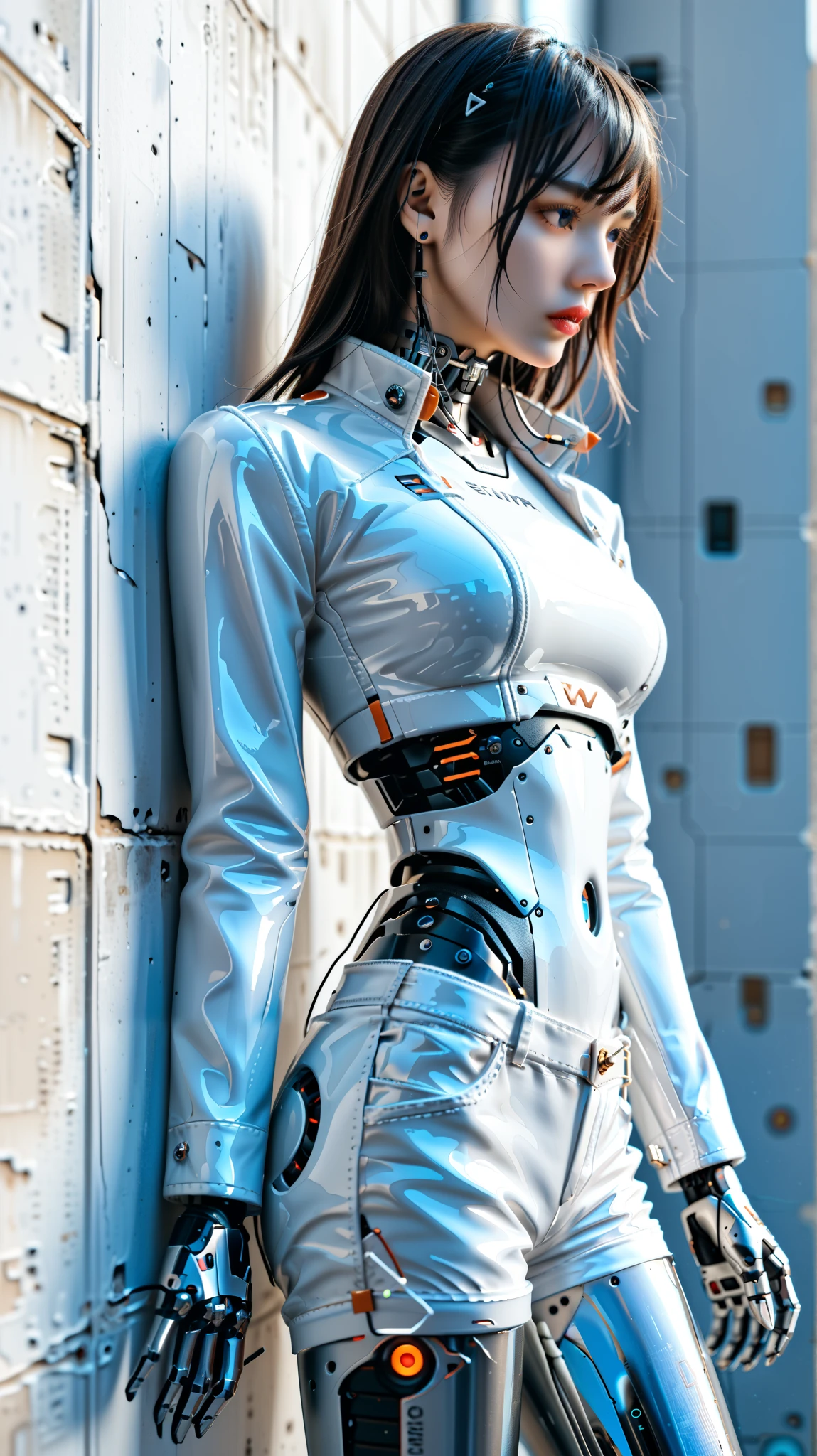 (((masterpiece))), (realism, realism texture, (science fiction, distant future), (top Quality, High Quality, top resolution, high resolution, (ultra detailed, high detailed))), (beautiful robot white latex racing model girl:1.4), (she is incredible machine:1.4), (beautiful face), (thin lips, wide mouth), blue lighting eyes, (polished short shorts:1.6), (robot armor:1.4), machine frame, (black metallic latex cropped jacket:1.3), (steel knee-high greaves, (mechanical hands)), (robot joint:1.3), (robot neck joint:1.6), (machine parts, electronic component, complete parts, wiring:1.4), frame of perfect machine, straight hair, Expressionless face, (cowboy shot:1.5), (closed mouth), (futuristic city), (sit with legs stretched against the wall:1.3)