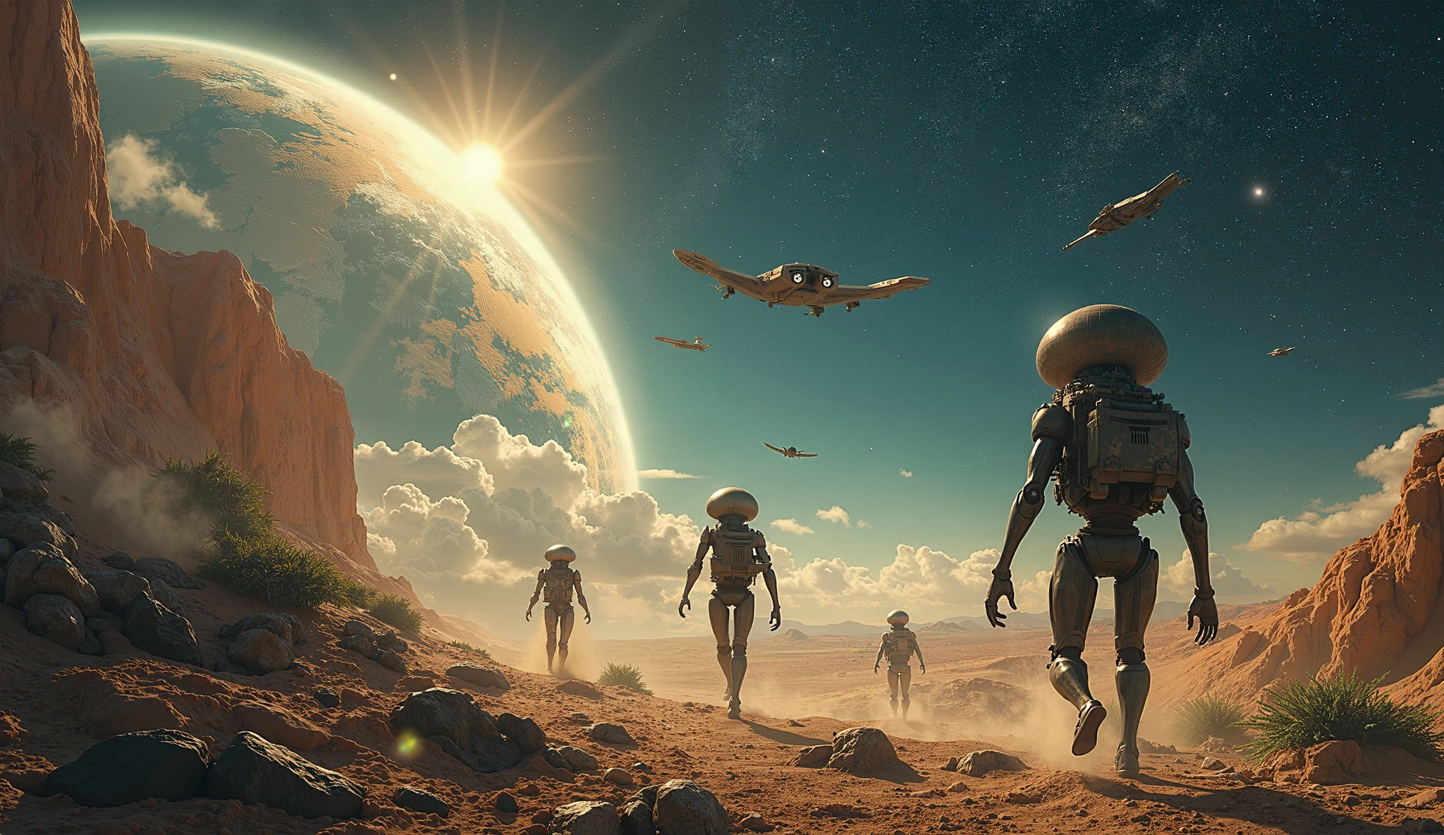 old chool, vintage, robots and astronauts on planet, 60s design, star trek like, spaceships in cosmos, in the sky there are stars and moons, vertical align 9:16