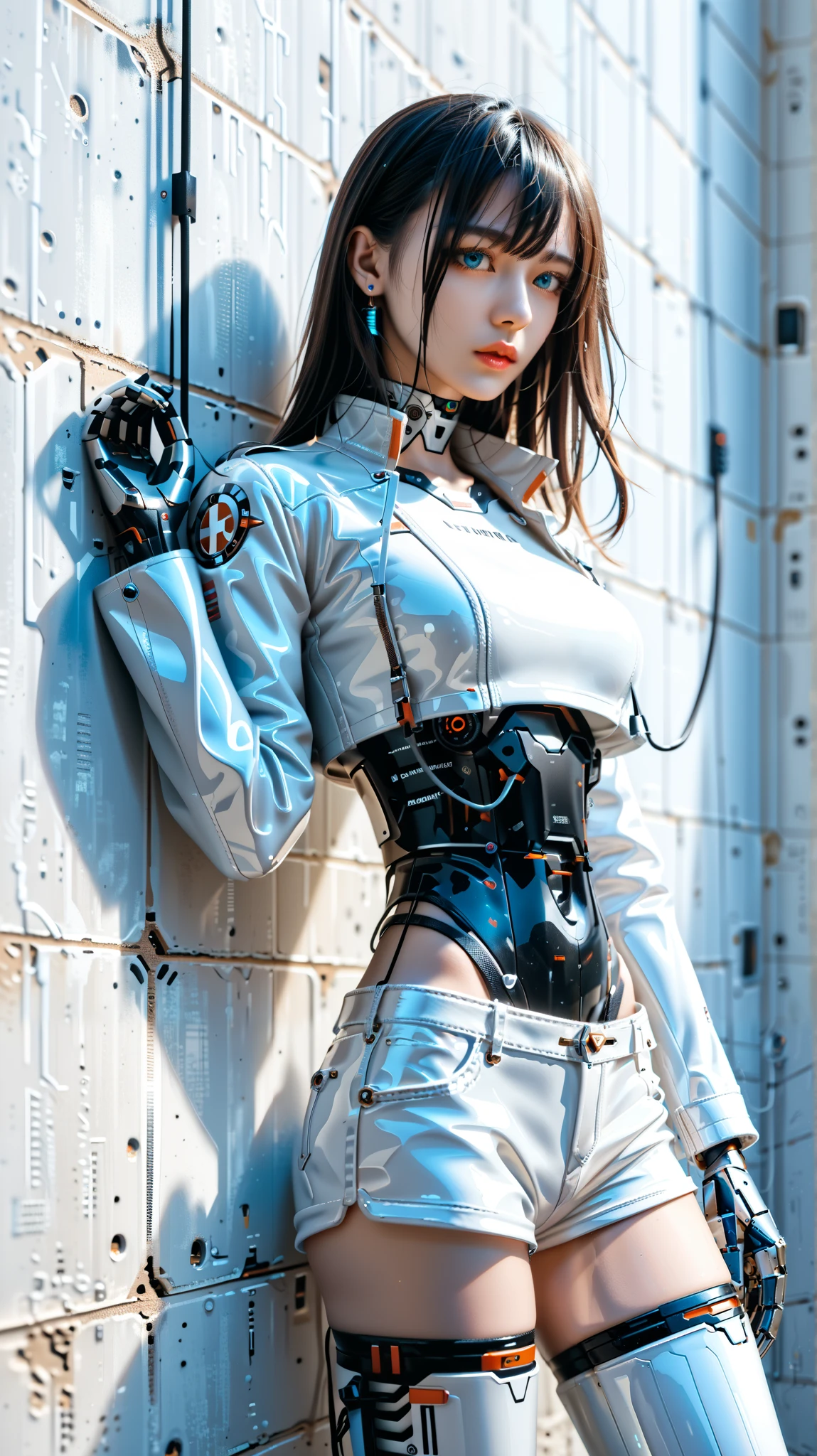 (((masterpiece))), (realism, realism texture, (science fiction, distant future), (top Quality, High Quality, top resolution, high resolution, (ultra detailed, high detailed))), (beautiful robot white latex racing model girl:1.4), (she is incredible machine:1.4), (beautiful face), (thin lips, wide mouth), blue lighting eyes, (polished short shorts:1.6), (robot armor:1.4), machine frame, (black metallic latex cropped jacket:1.3), (steel knee-high greaves, (mechanical hands)), (robot joint:1.3), (robot neck joint:1.6), (machine parts, electronic component, complete parts, wiring:1.4), frame of perfect machine, straight hair, Expressionless face, (cowboy shot:1.5), (closed mouth), (futuristic city), (wariza against the wall:1.3)